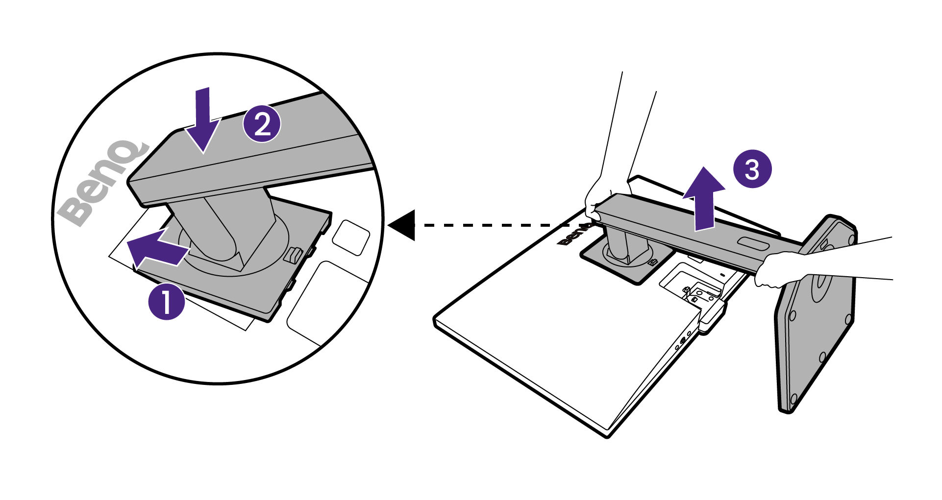 Orient and align the stand arm with the monitor, then push them together until they click and lock into place. Carefully lift the monitor, turn it over and place it upright on its stand on a flat even surface.