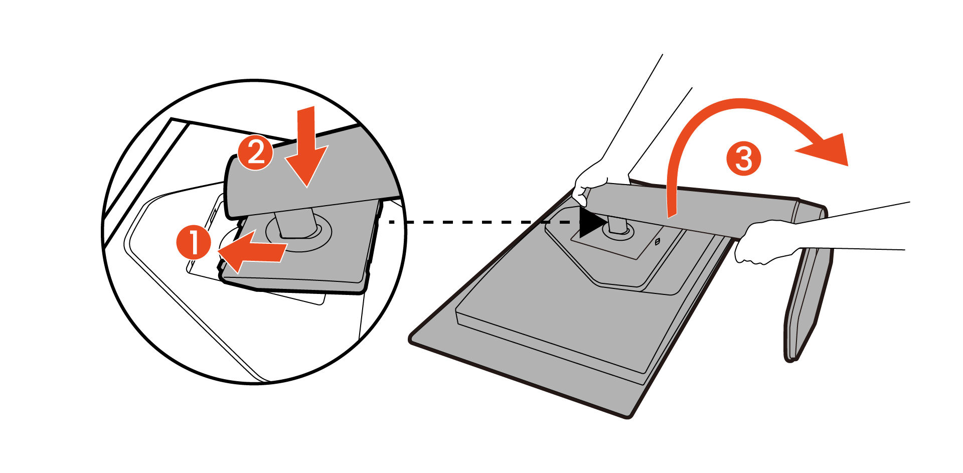 Orient and align the stand arm with the monitor, then push them together until they click and lock into place. Carefully lift the monitor, turn it over and place it upright on its stand on a flat even surface.