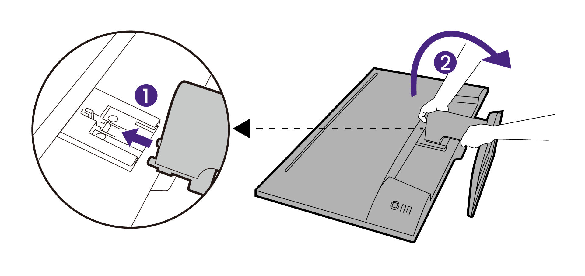 Orient and align the stand arm with the monitor, then push them together until they click and lock into place. Carefully lift the monitor, turn it over and place it upright on its stand on a flat even surface.