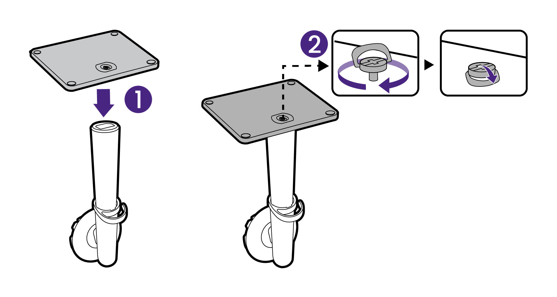 Attach the monitor stand to the monitor base as illustrated. Raise the thumbscrew lid and tighten the thumbscrew as illustrated. Then push the lid back.