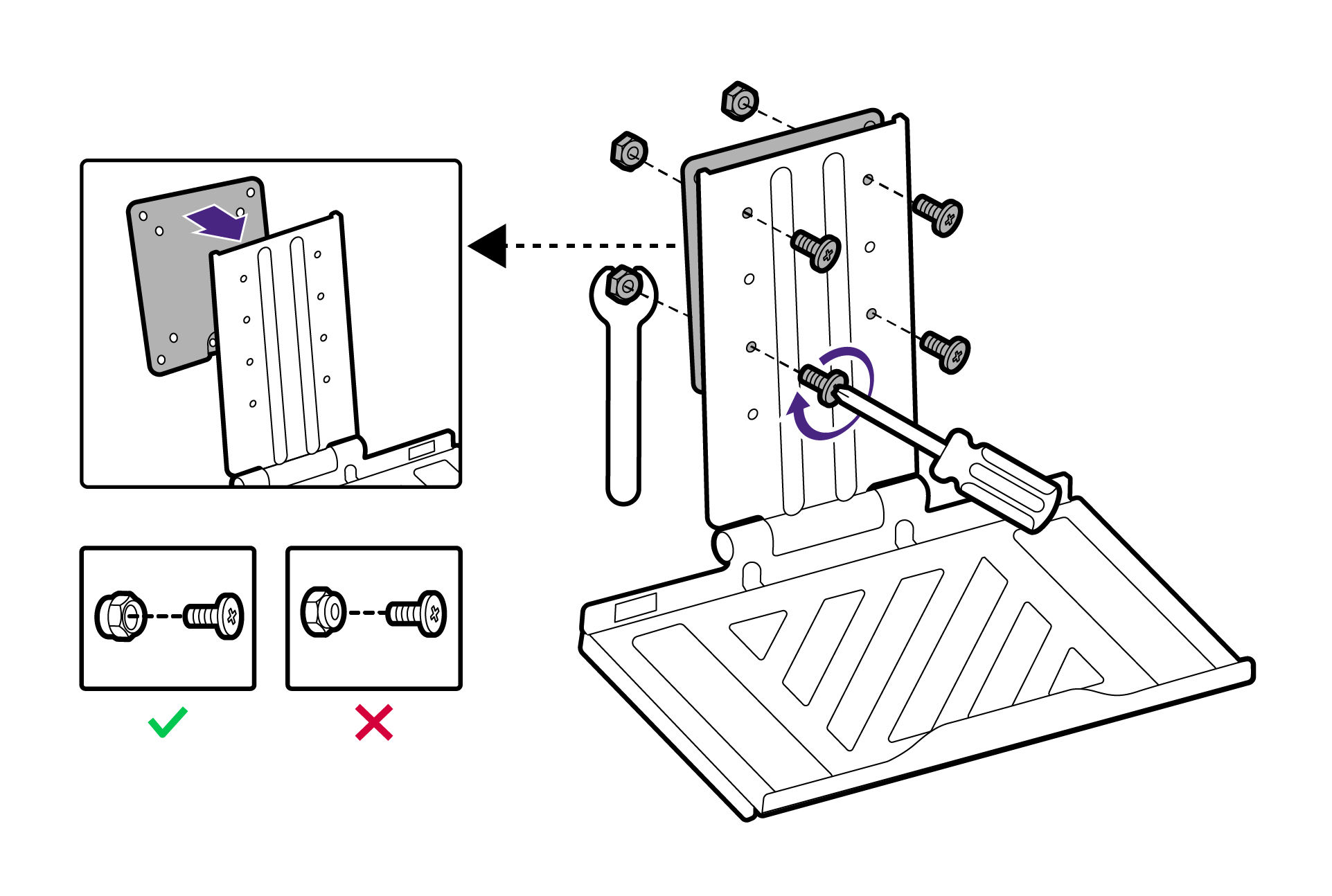 Fix the VESA plate to the laptop tray.