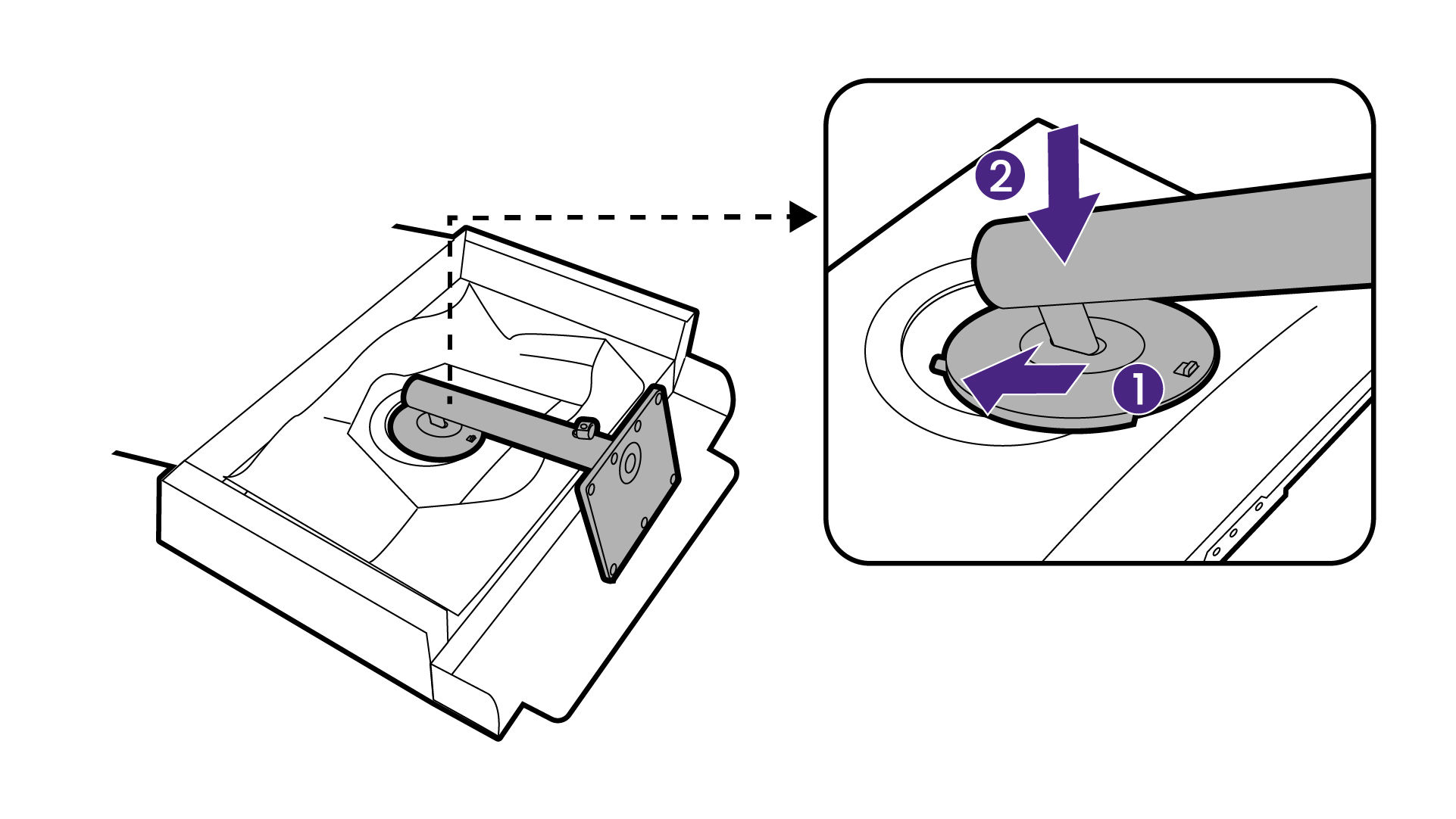 Orient and align the stand arm with the monitor, then push them together until they click and lock into place. 