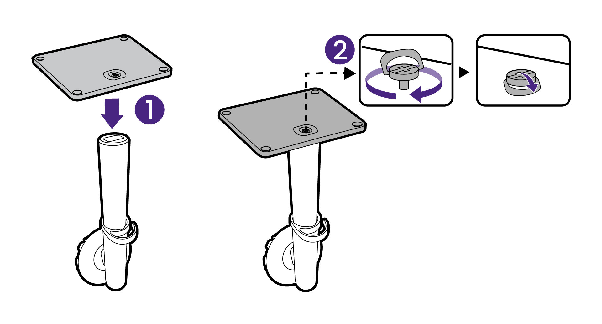 Attach the monitor stand to the monitor base as illustrated. Raise the thumbscrew lid and tighten the thumbscrew as illustrated. Then push the lid back.