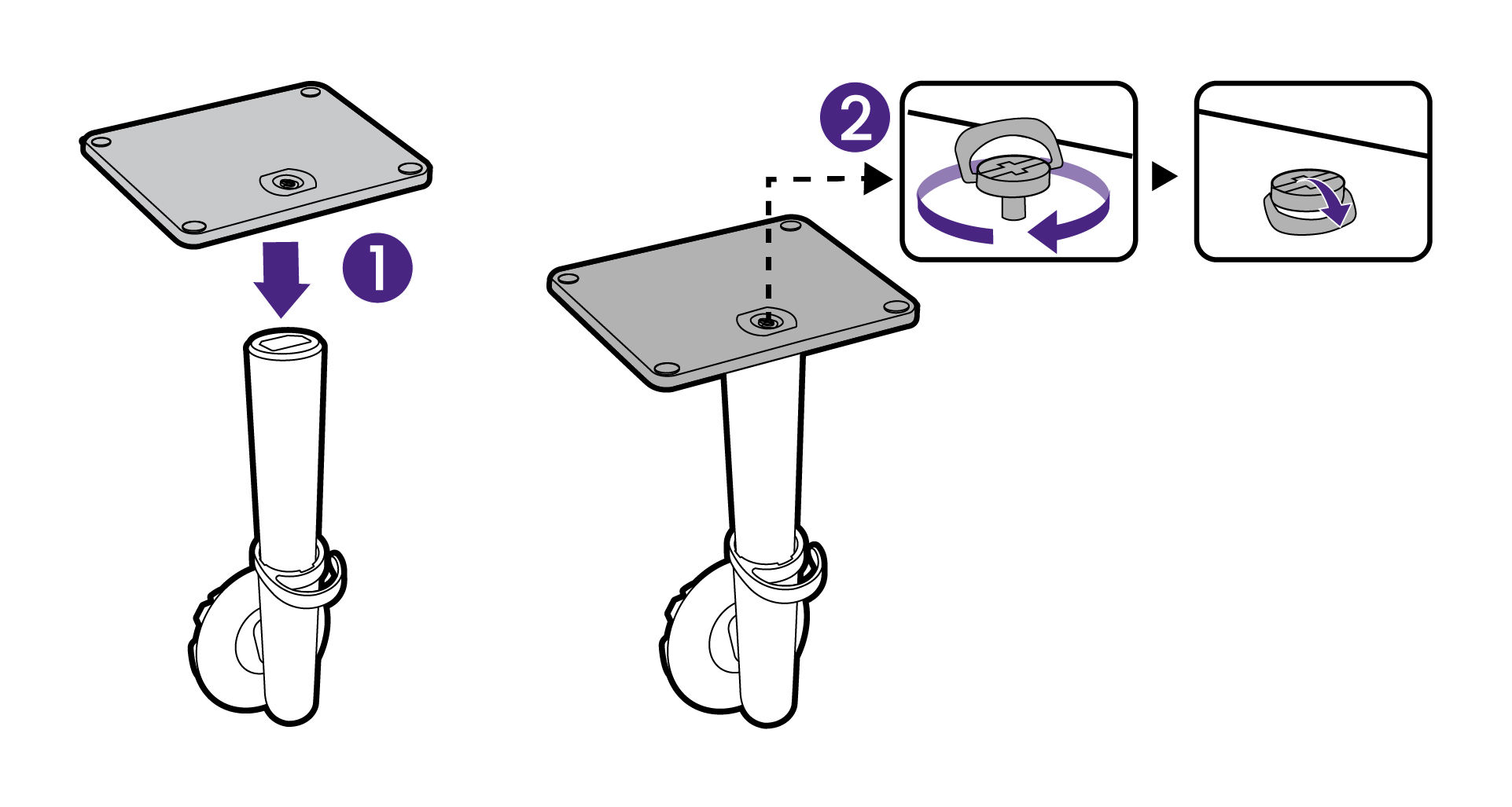 Attach the monitor stand to the monitor base as illustrated. Raise the thumbscrew lid and tighten the thumbscrew as illustrated. Then push the lid back.