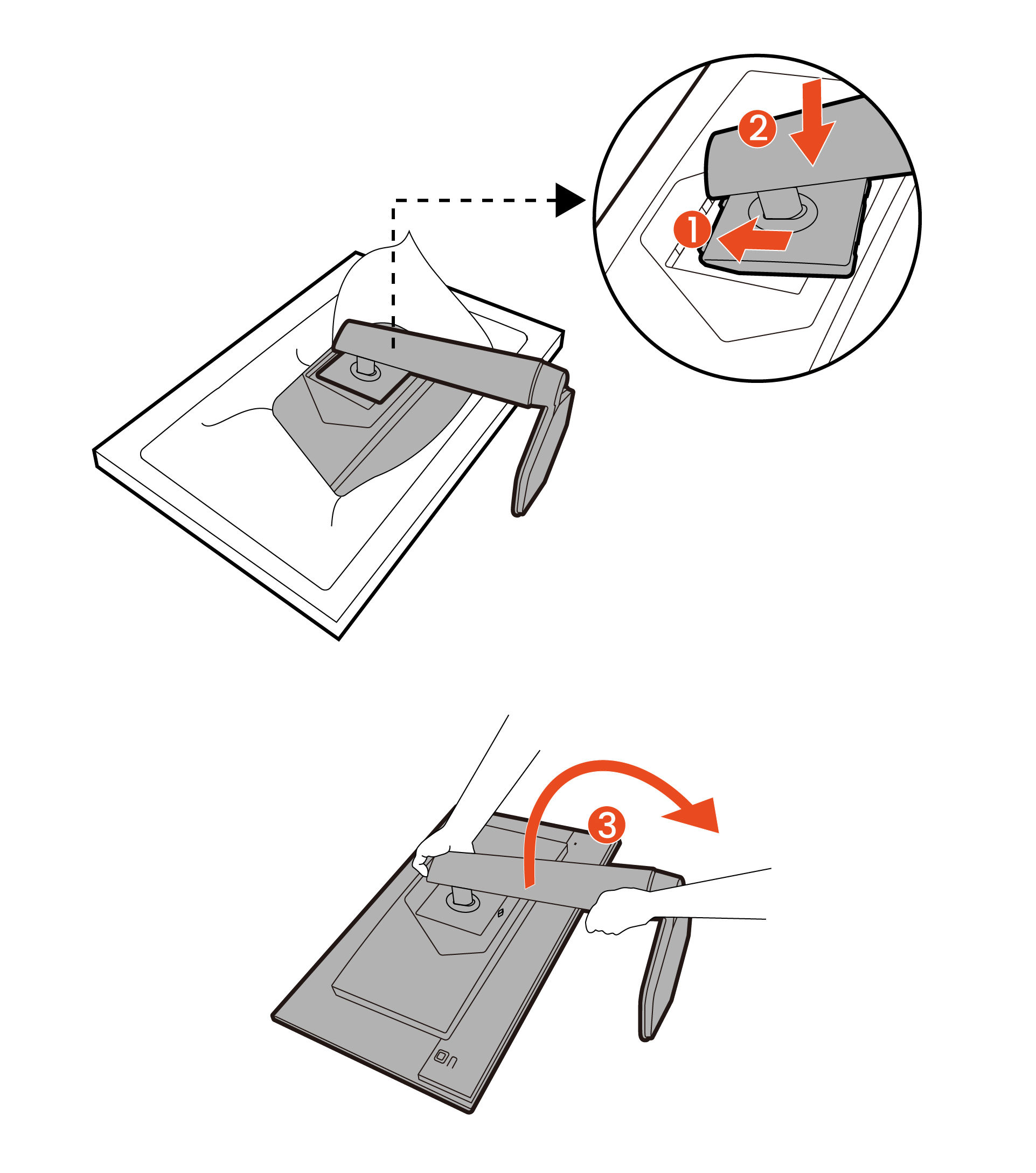 Orient and align the stand arm with the monitor, then push them together until they click and lock into place. Carefully lift the monitor, turn it over and place it upright on its stand on a flat even surface.