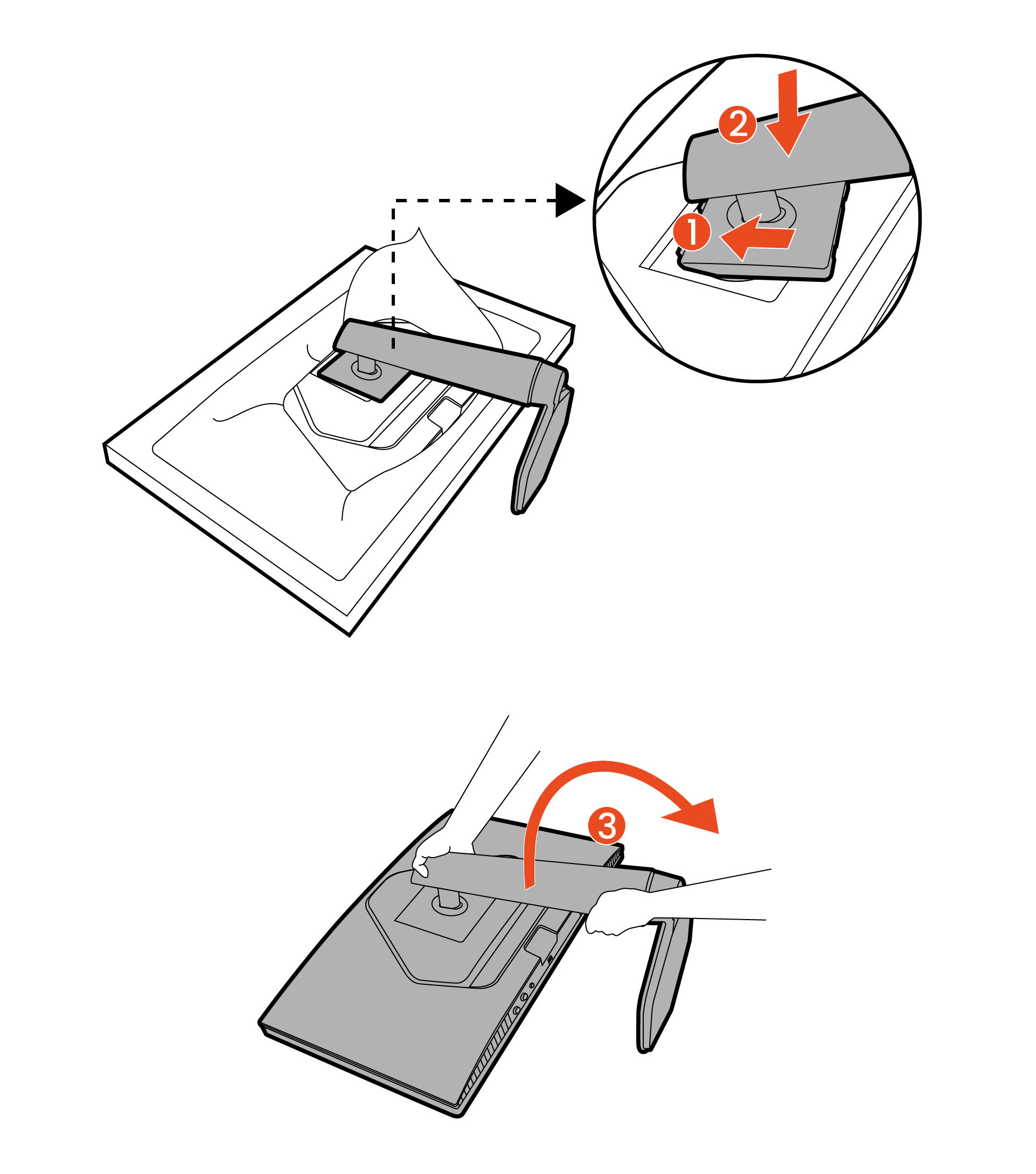 Orient and align the stand arm with the monitor, then push them together until they click and lock into place. Carefully lift the monitor, turn it over and place it upright on its stand on a flat even surface.