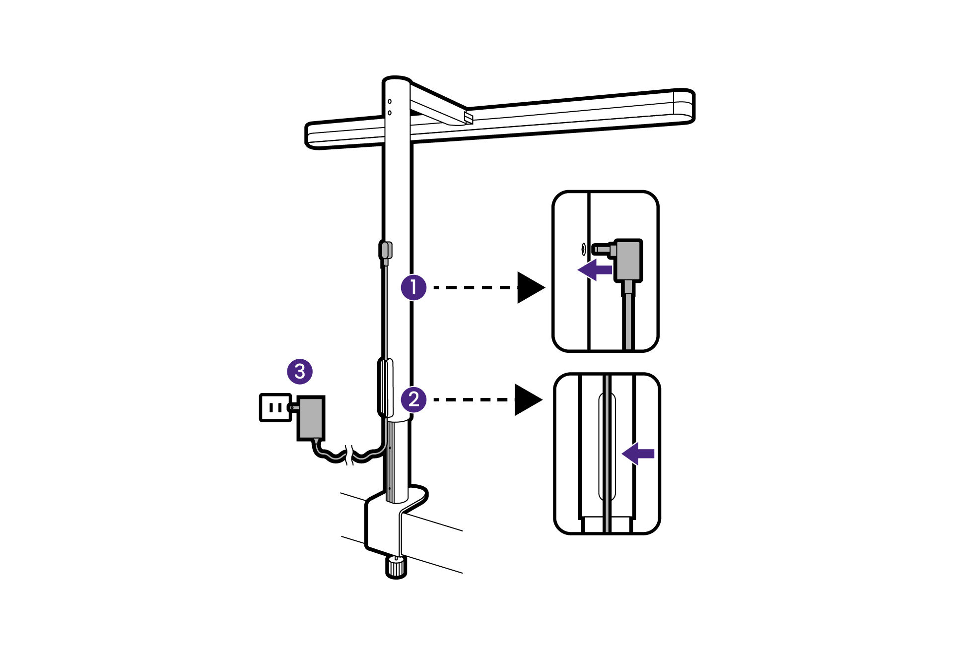 Connect the power cord to the lamp arm, secure it in the cord groove, then plug in the power adapter.