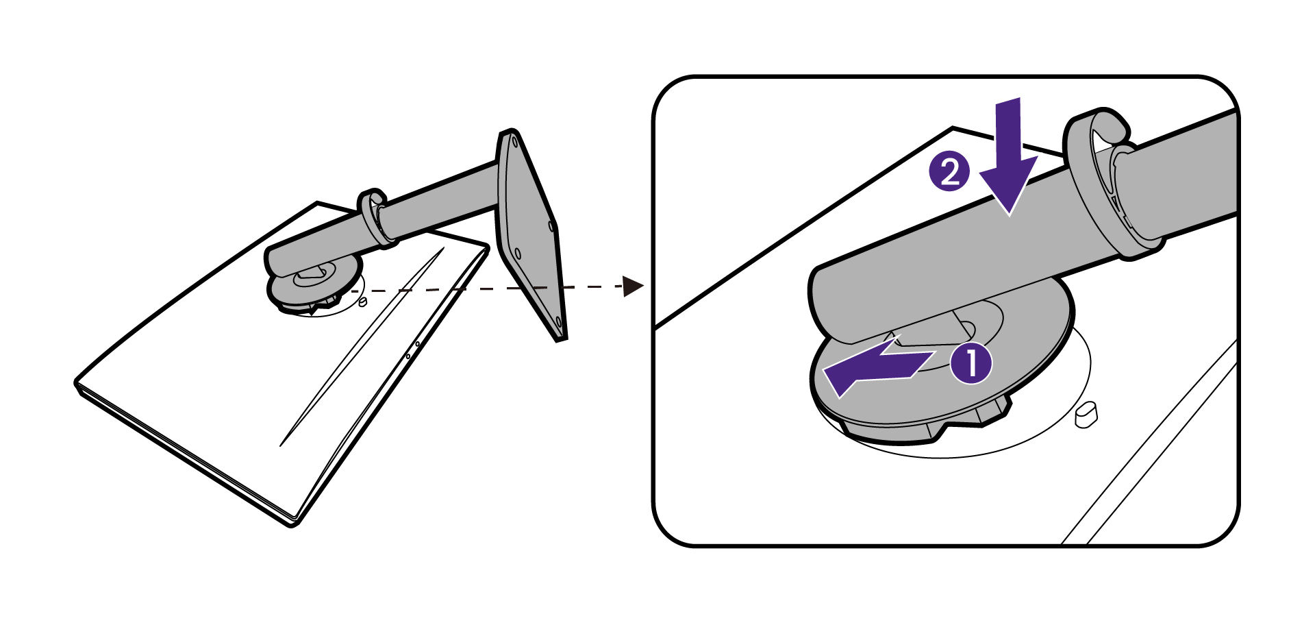 Orient and align the stand arm with the monitor, then push them together until they click and lock into place. 