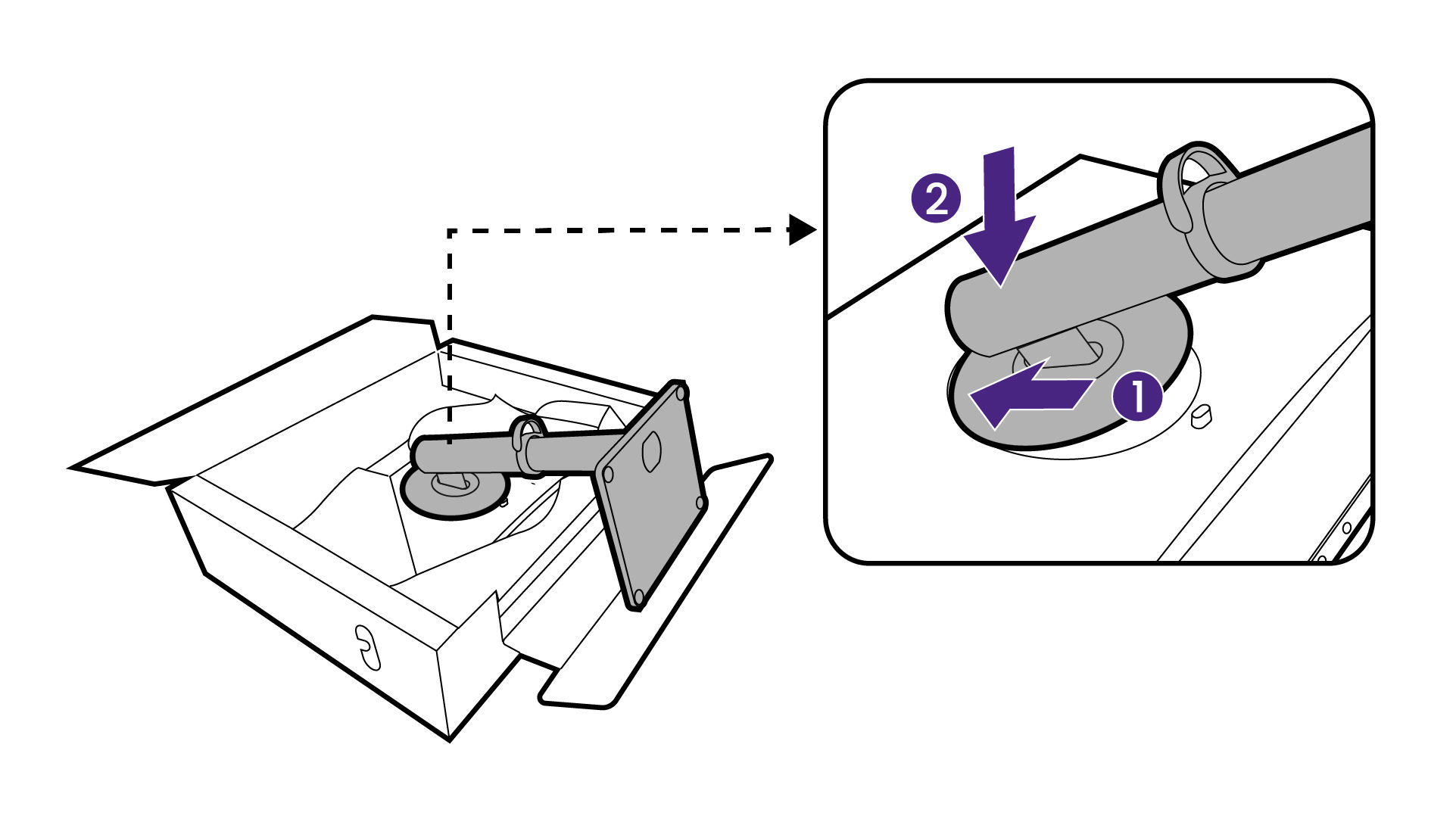 Orient and align the stand arm with the monitor, then push them together until they click and lock into place. 