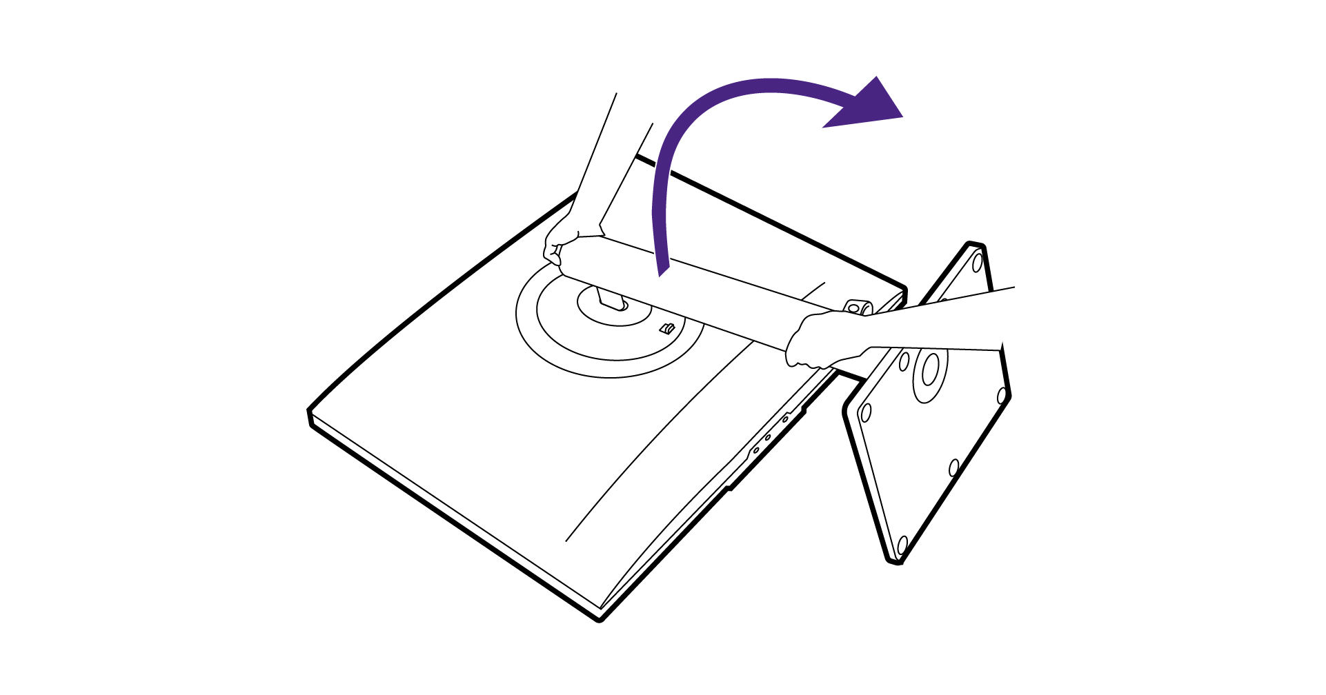 Carefully lift the monitor, turn it over and place it upright on its stand on a flat even surface.