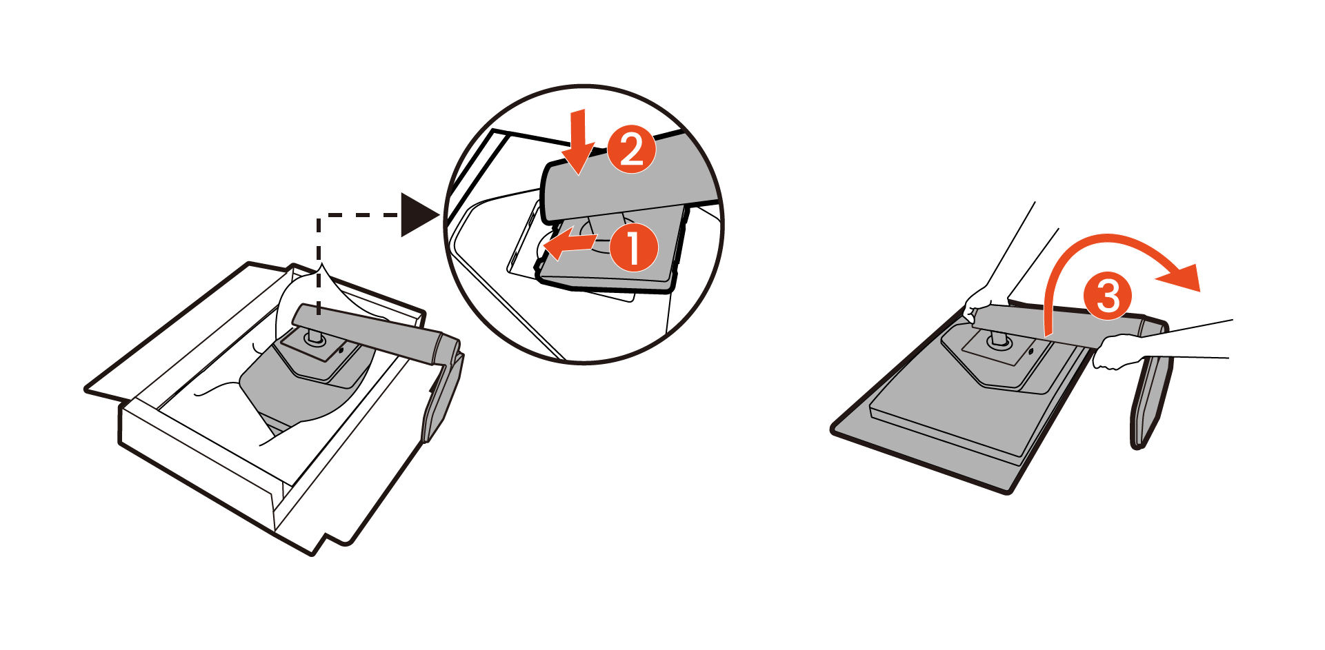 Orient and align the stand arm with the monitor, then push them together until they click and lock into place. Carefully lift the monitor, turn it over and place it upright on its stand on a flat even surface.