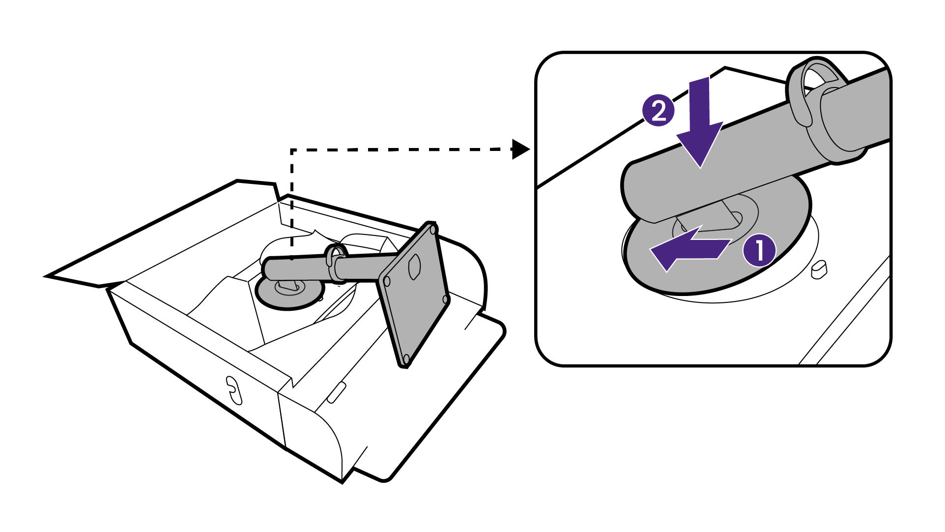 Orient and align the stand arm with the monitor, then push them together until they click and lock into place. 