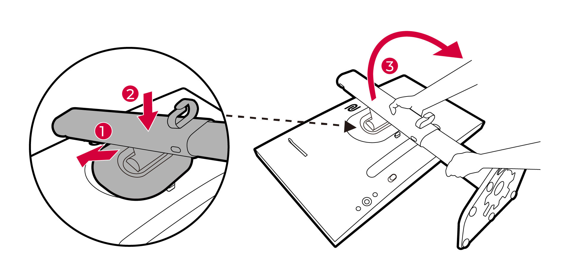 Orient and align the stand arm with the monitor, then push them together until they click and lock into place. Carefully lift the monitor, turn it over and place it upright on its stand on a flat even surface.