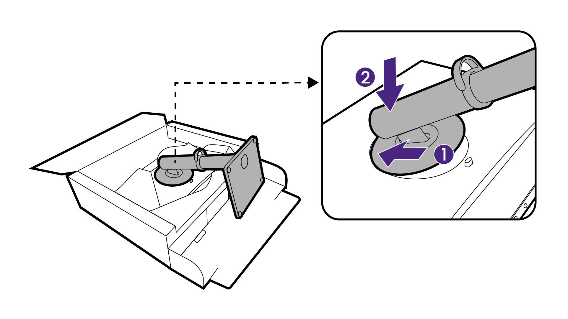 Orient and align the stand arm with the monitor, then push them together until they click and lock into place. 