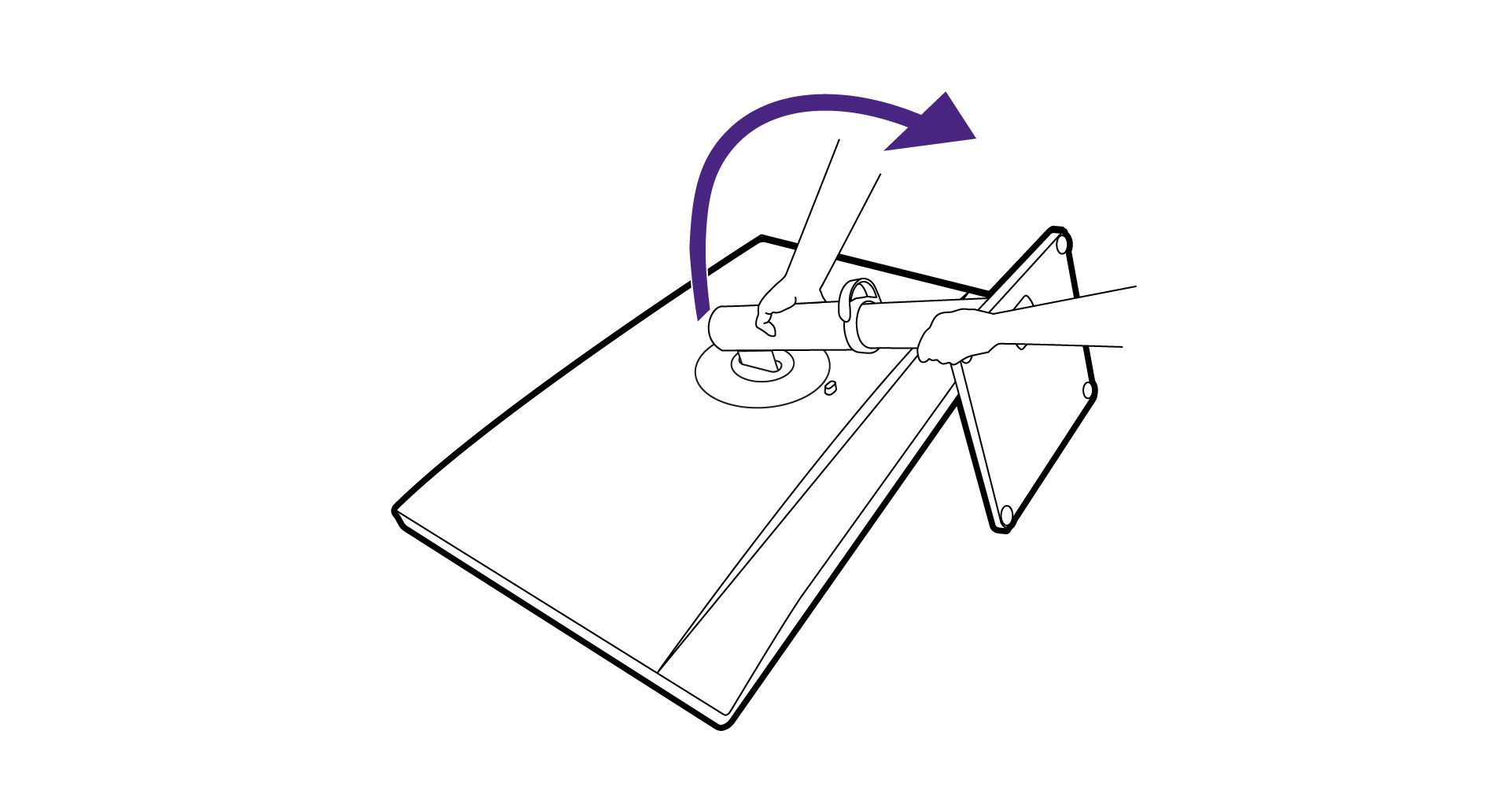 Carefully lift the monitor, turn it over and place it upright on its stand on a flat even surface.