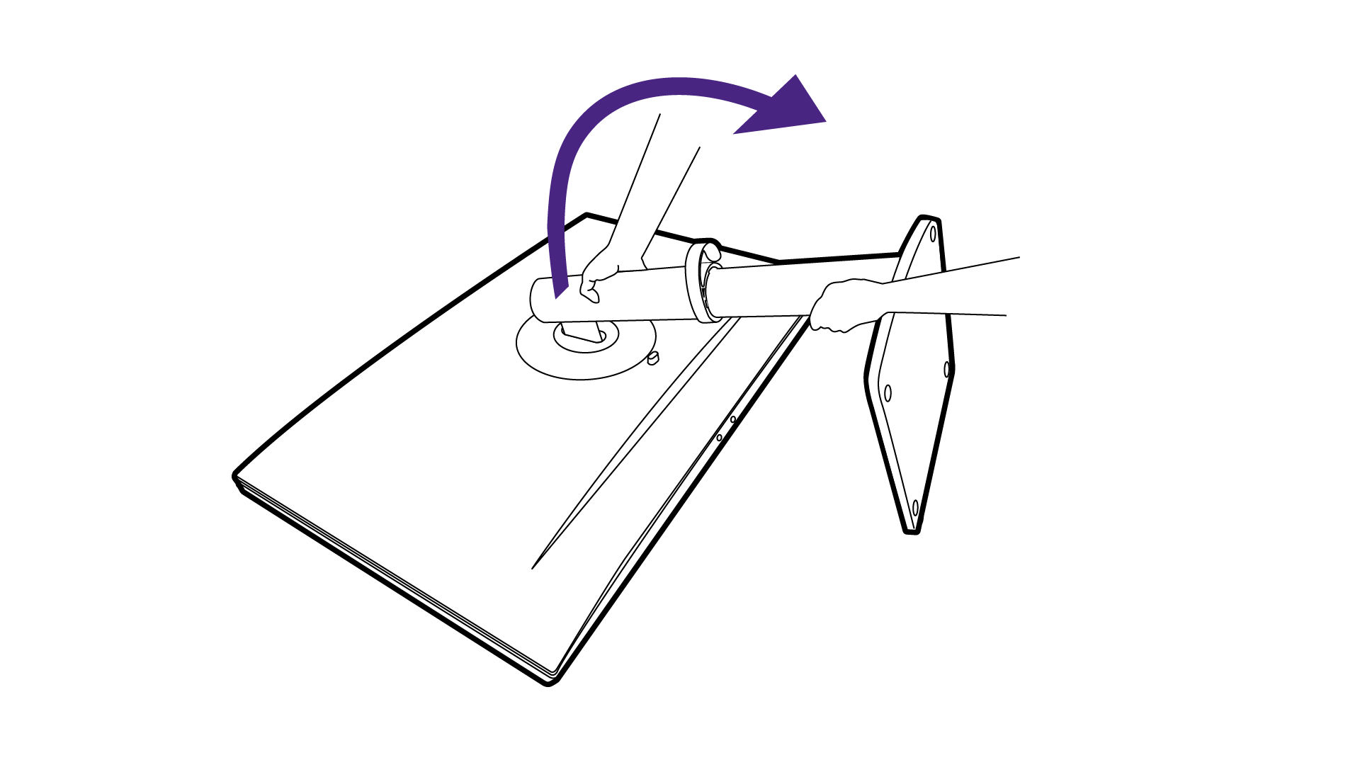 Carefully lift the monitor, turn it over and place it upright on its stand on a flat even surface.