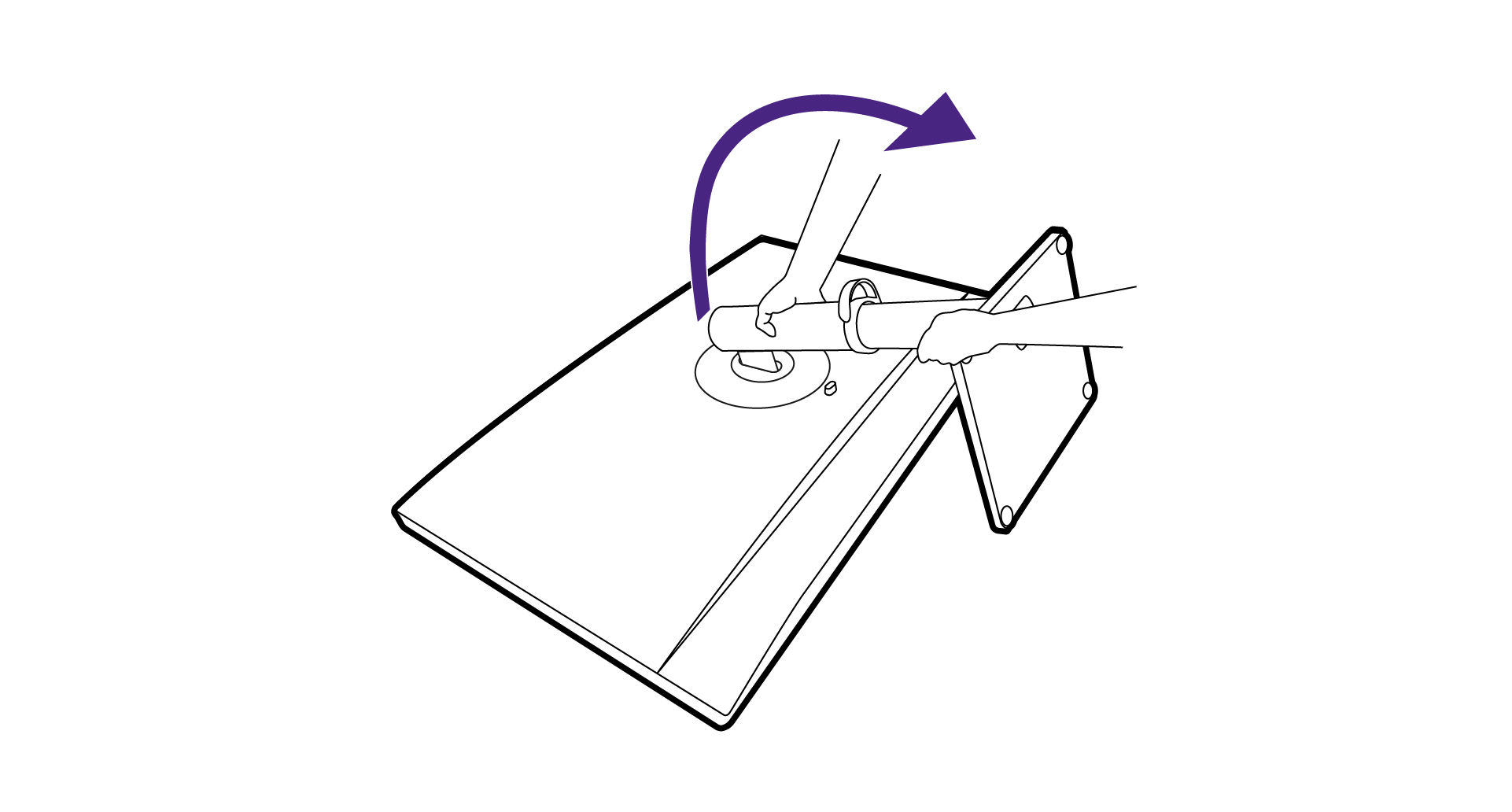 Carefully lift the monitor, turn it over and place it upright on its stand on a flat even surface.