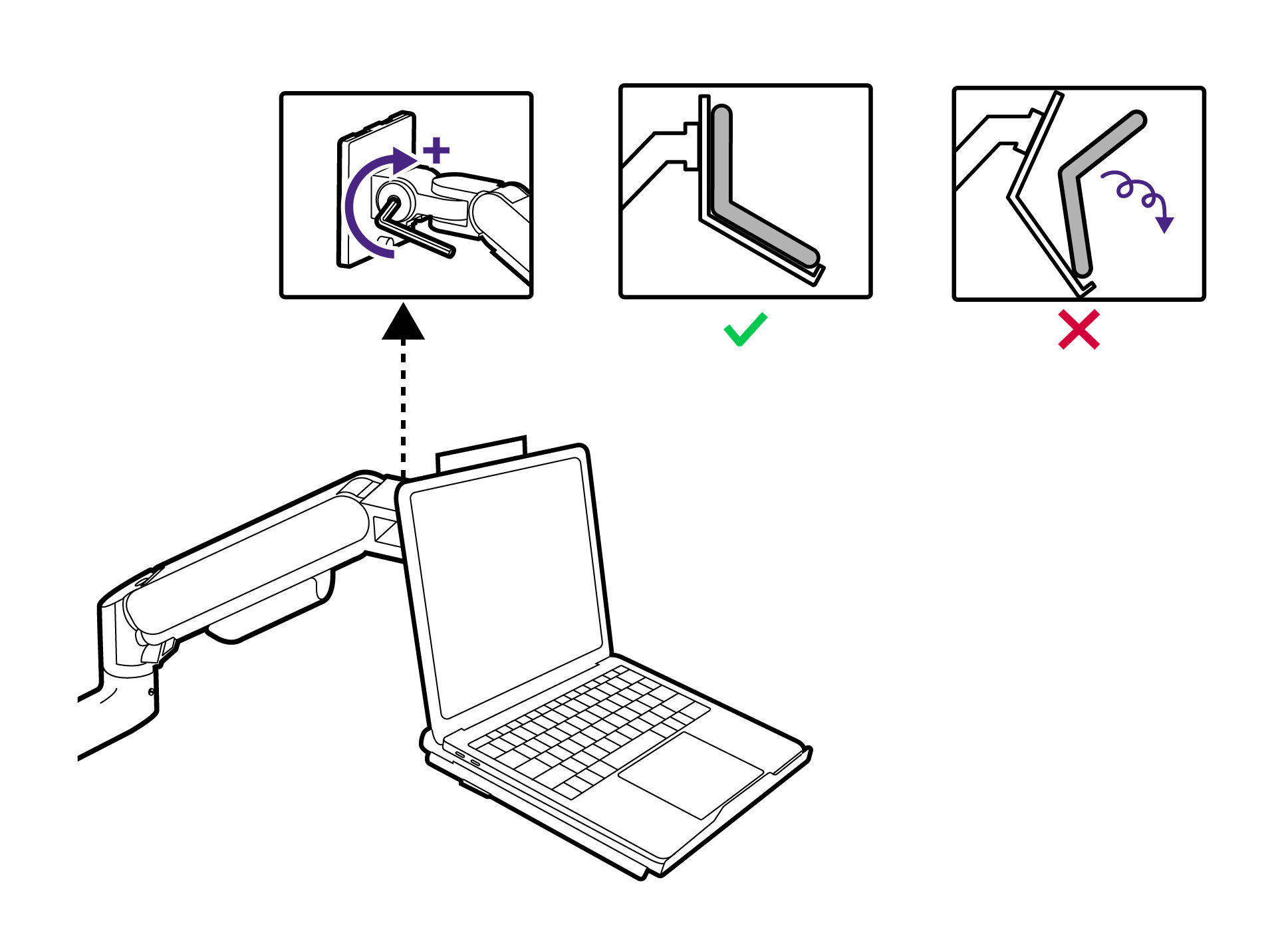 Fasten the tilt screw on the monitor arm to hold the tray and the laptop at the preferred angle.