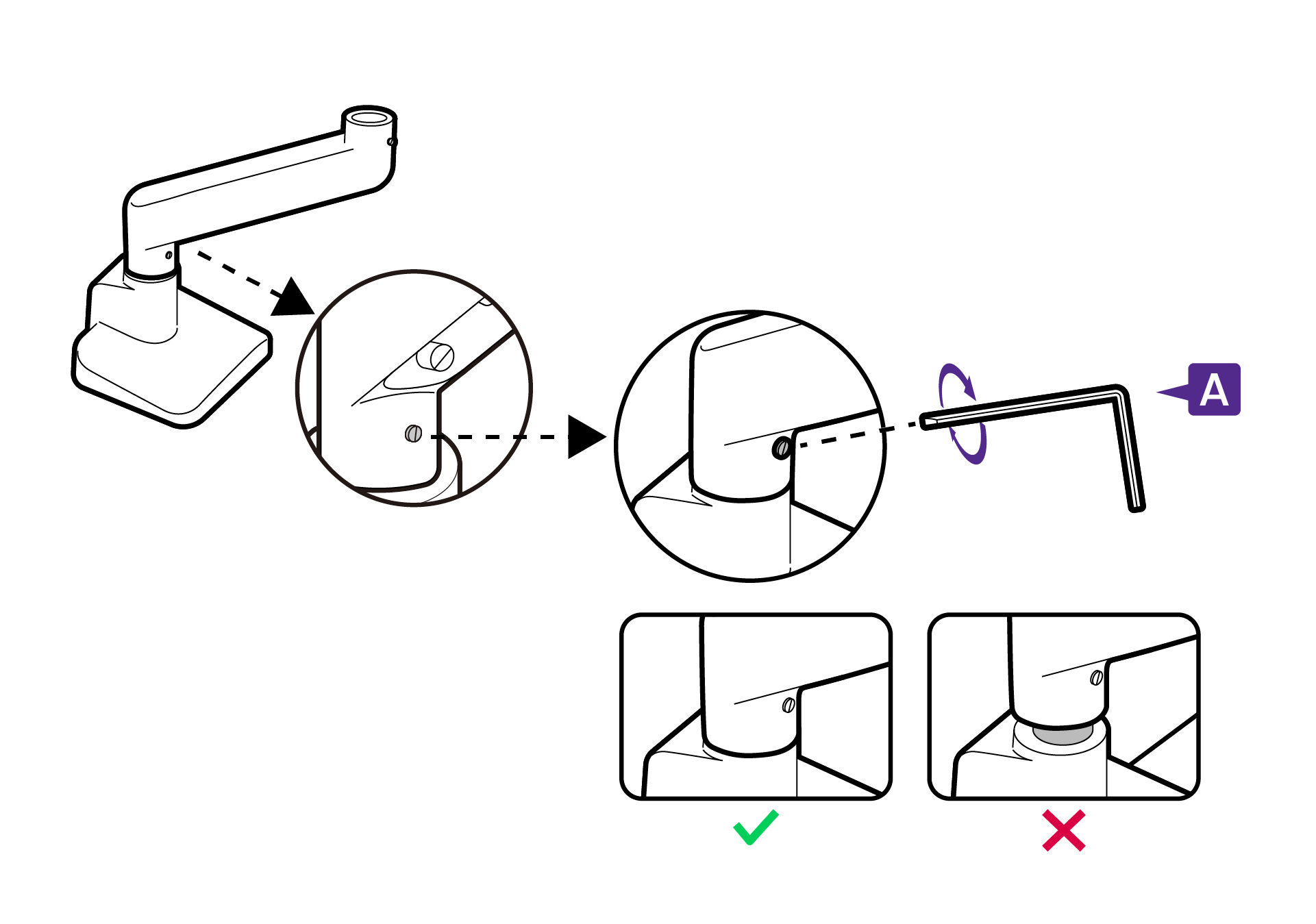 Use the 5 mm Allen key to secure the lower arm and the mount base by the stop screw.