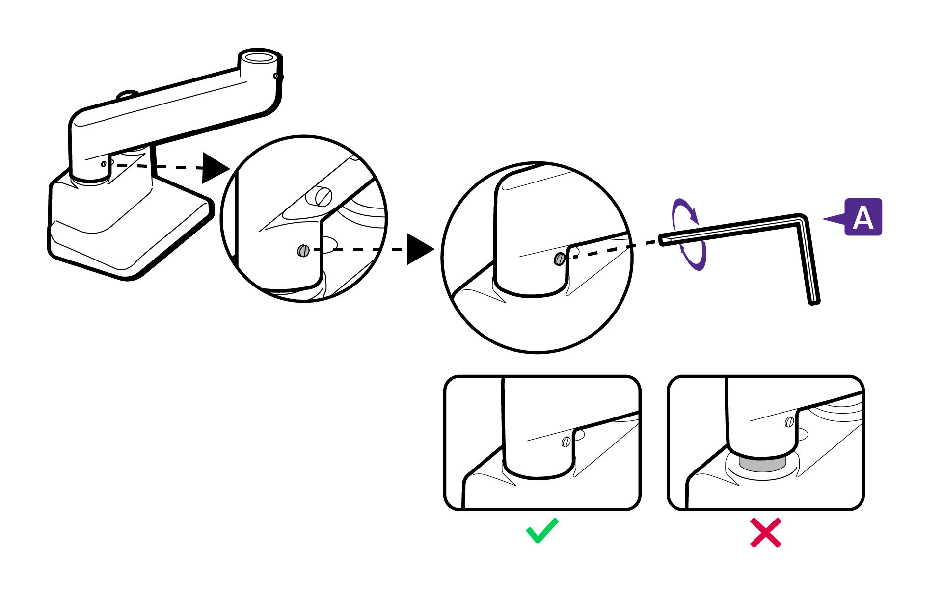 Use the 5 mm Allen key to secure the lower arm and the mount base by the stop screw.