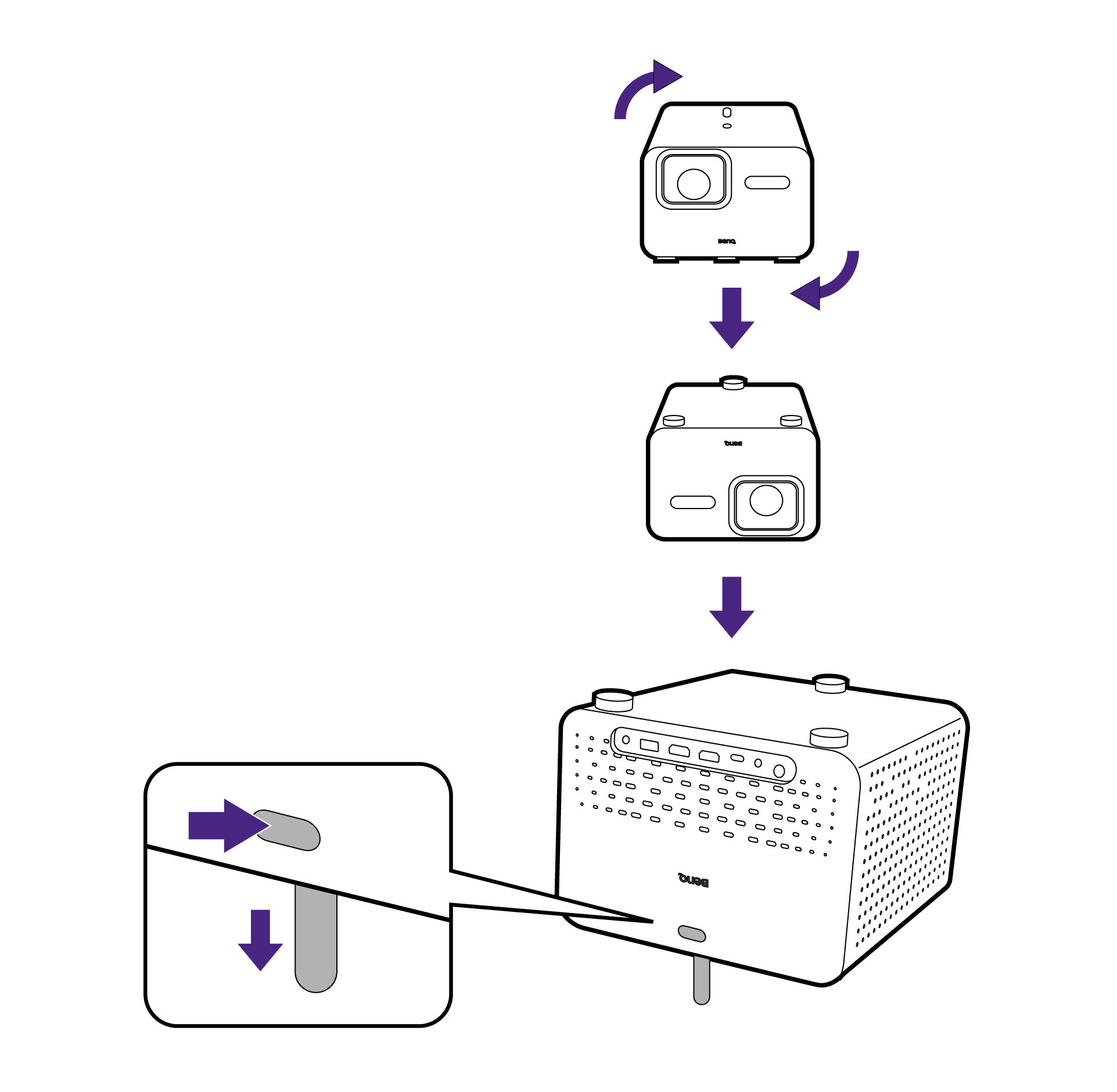 Place the projector upside down and push the adjustable foot button.