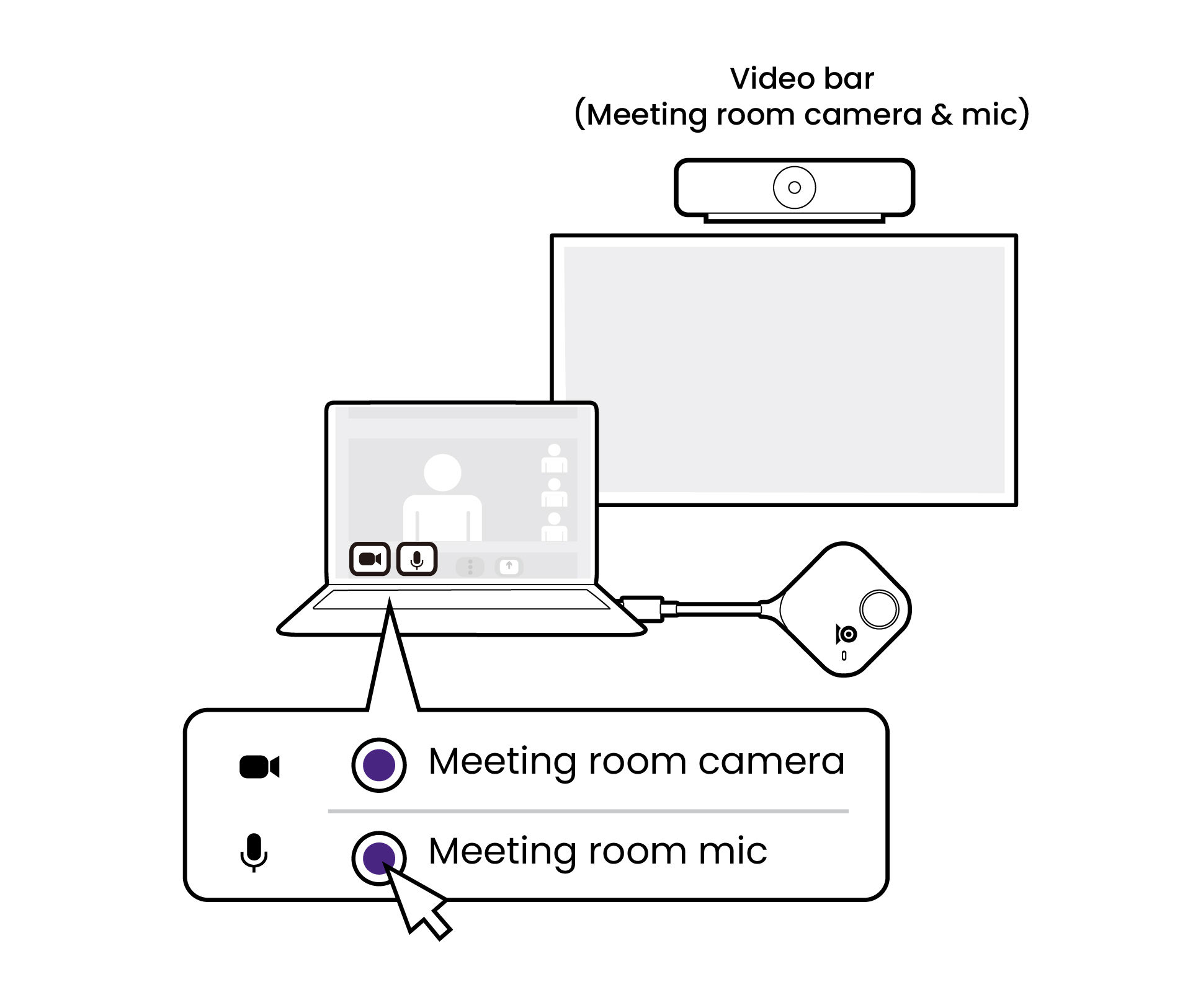 Select the meeting room camera and mic from the conference window.