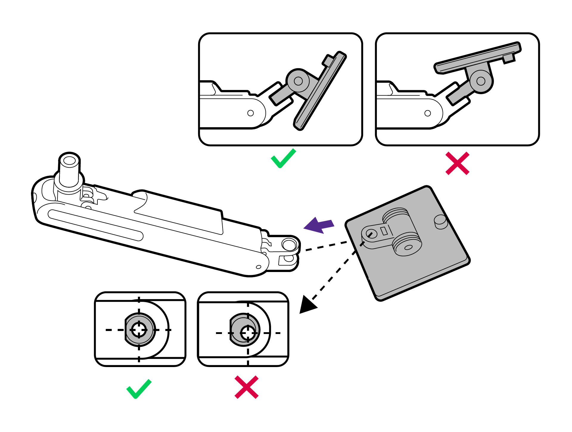Attach the display bracket to the upper arm. Align the holes properly.