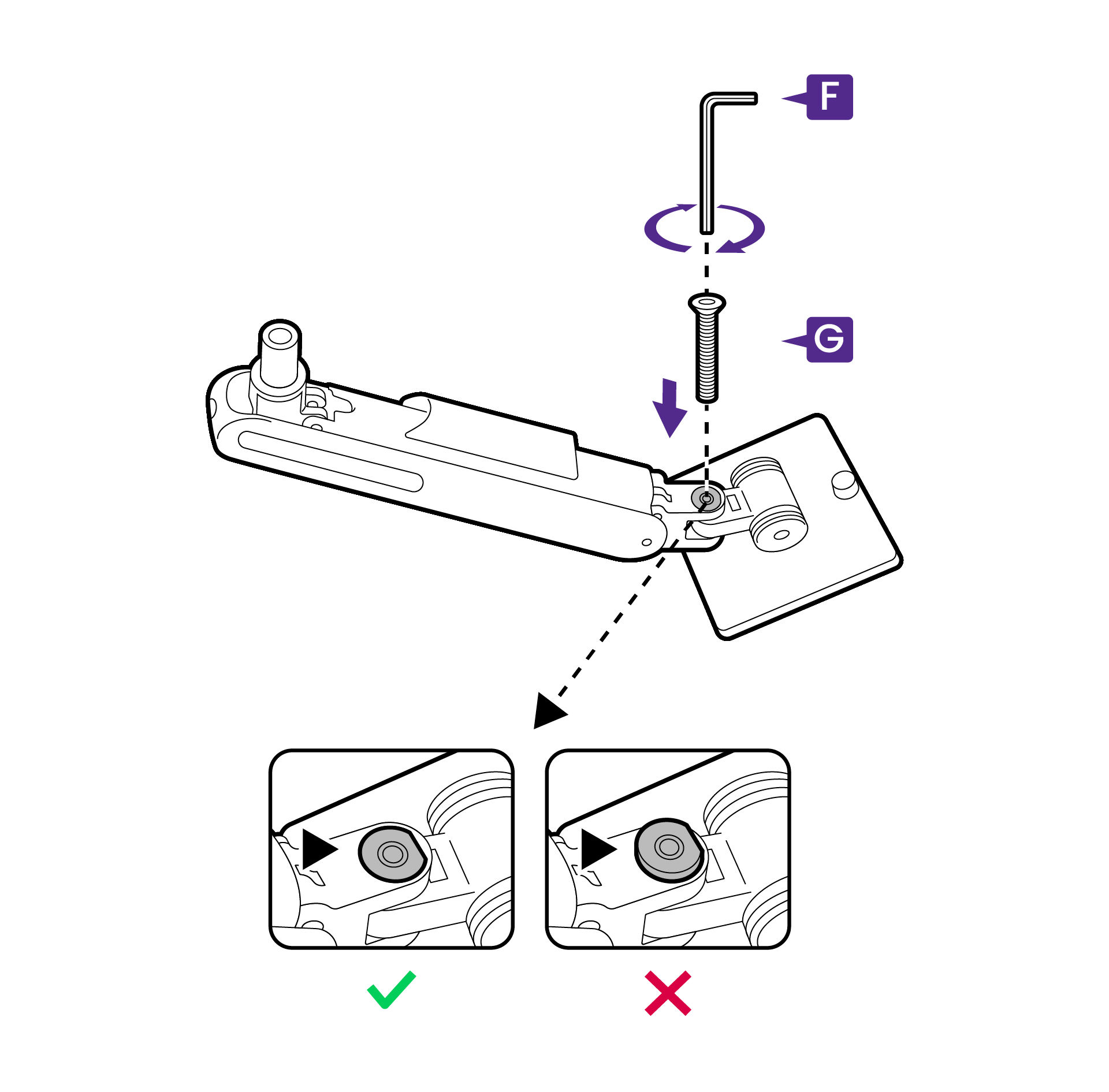 Fasten the hinge joint with the hinge screw. The hinge joint and its screw should be flat without protrusions.