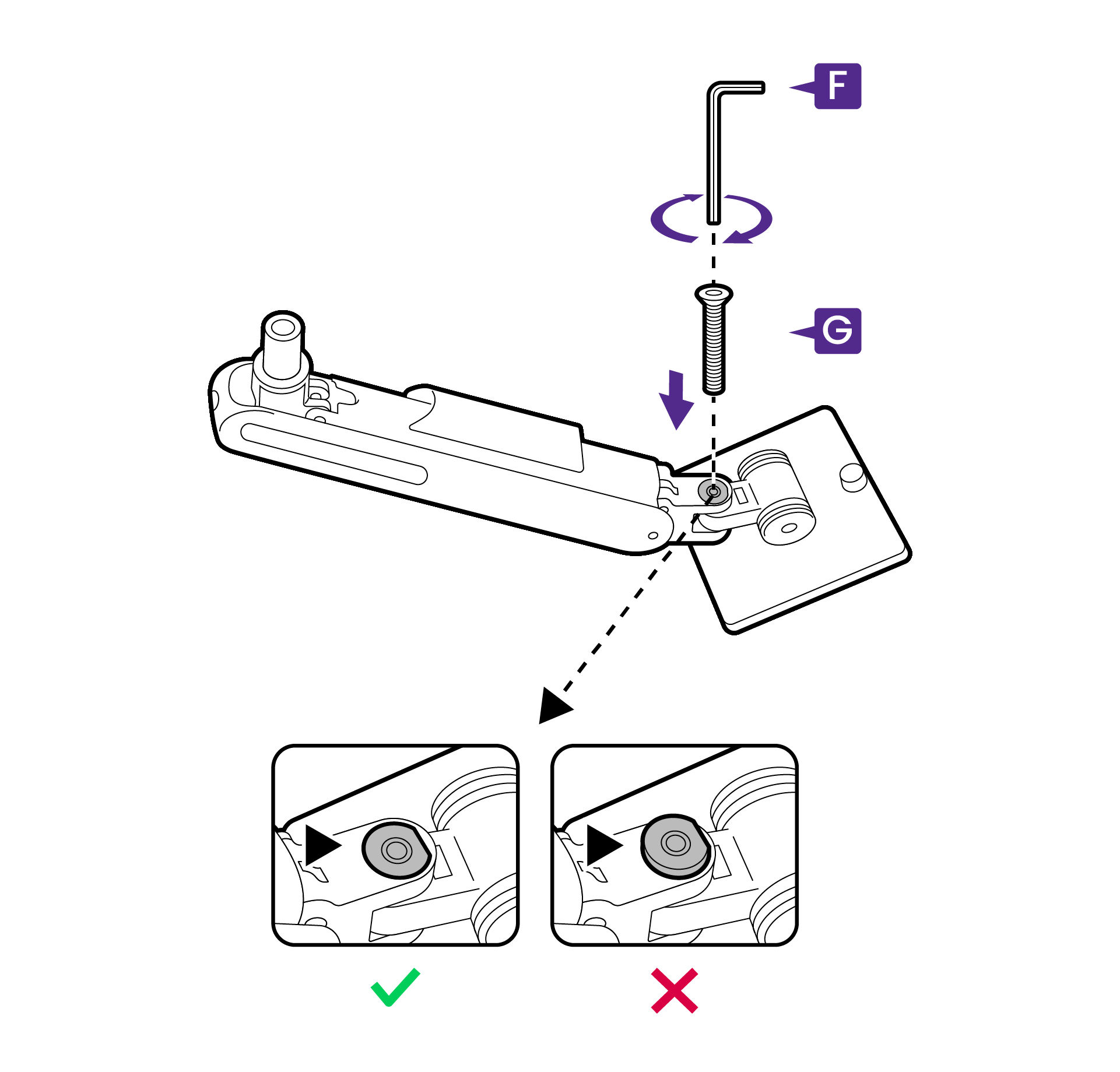 Fasten the hinge joint with the hinge screw. The hinge joint and its screw should be flat without protrusions.