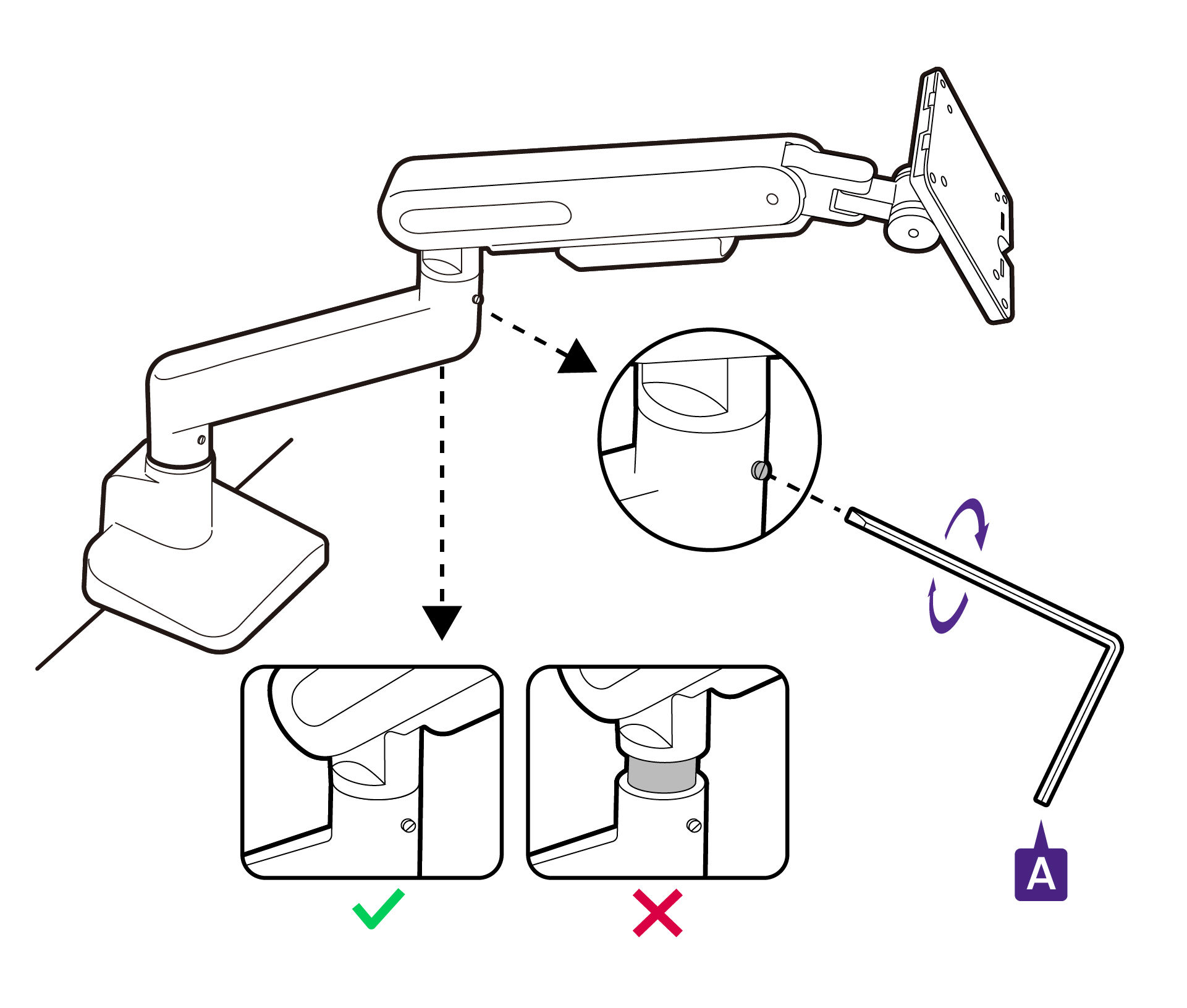 Use the 5 mm Allen key to secure the arm by the stop screw. Do not overtighten the screw.
