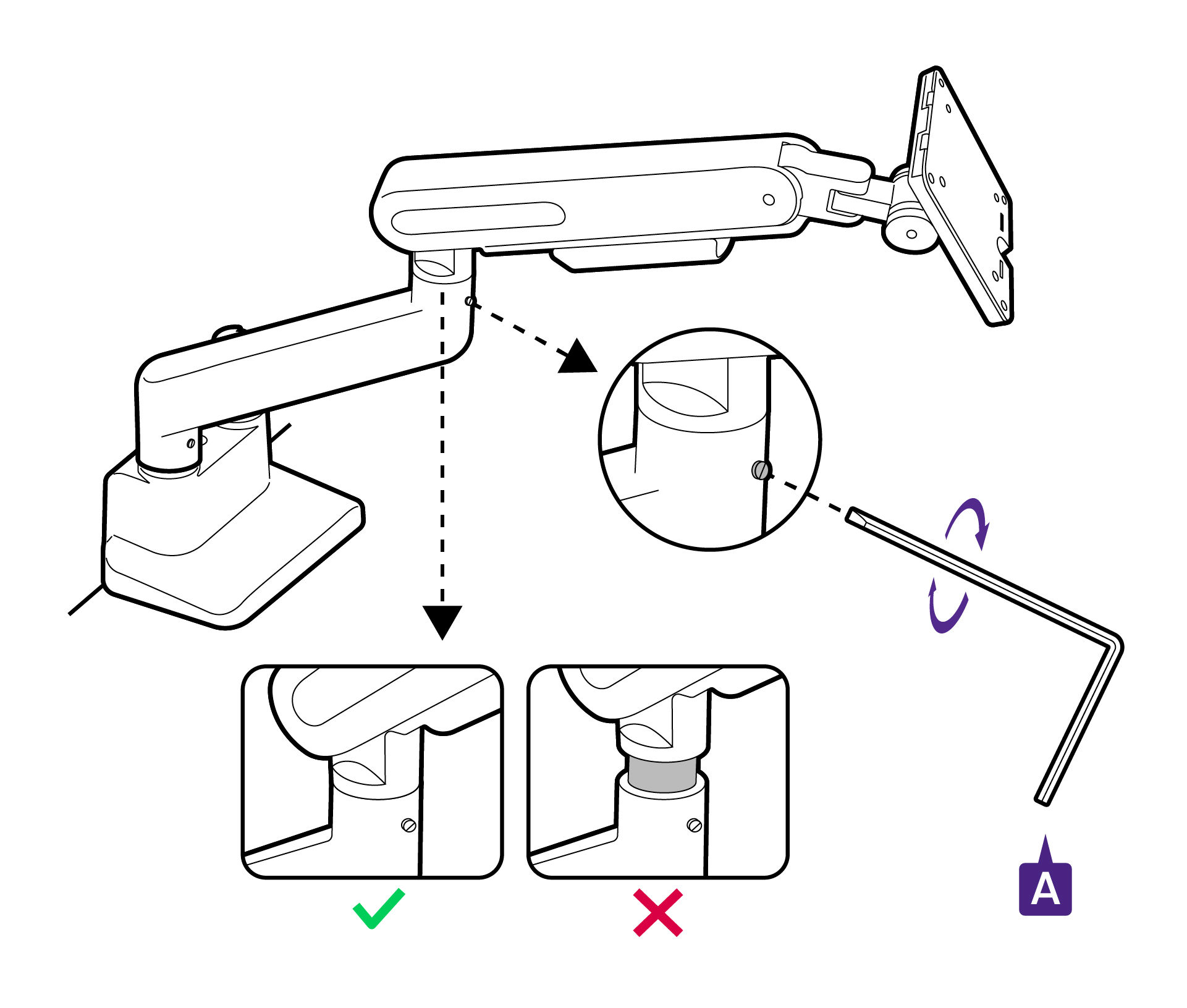 Use the 5 mm Allen key to secure the arm by the stop screw. Do not overtighten the screw.