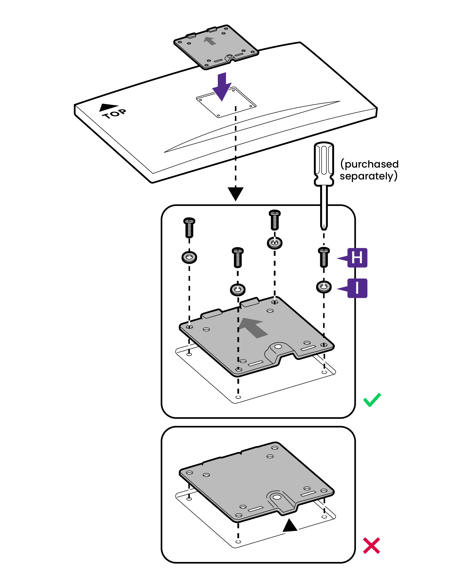 Attach the VESA plate to the VESA holes on the rear of your VESA-compliant monitor and fasten it with washers and screws.