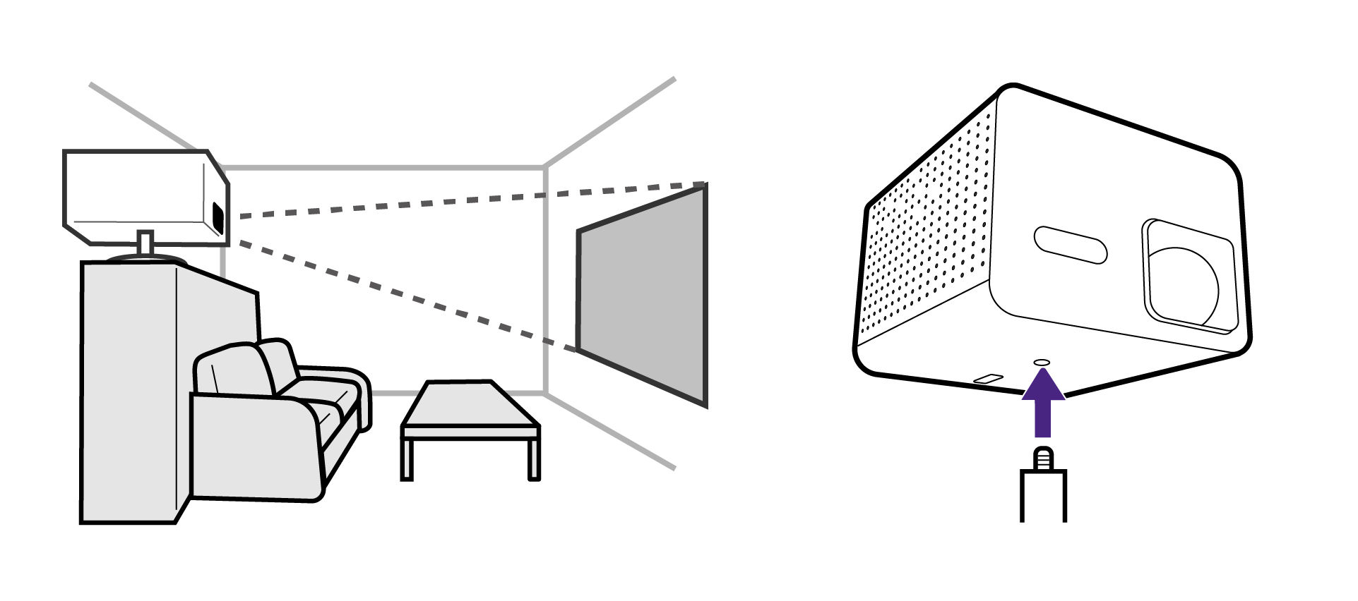 Upside down projection with a tripod or projector stand purchased separately.