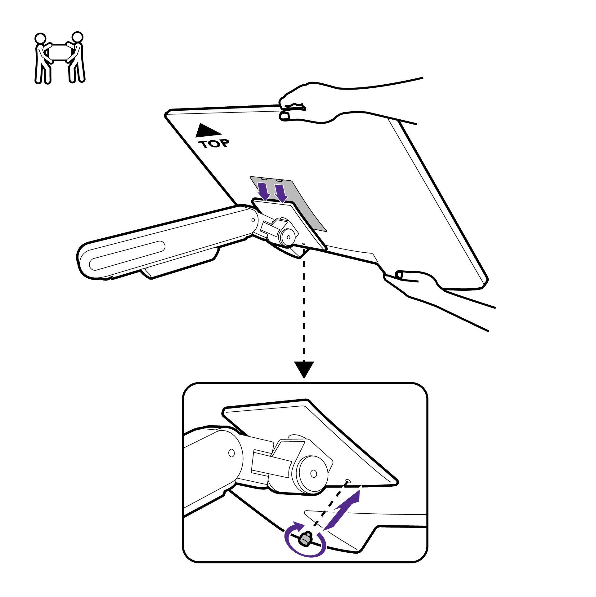 Align to hook the monitor up on the display bracket. Secure the monitor and the bracket with the thumbscrew while holding the monitor with another hand.