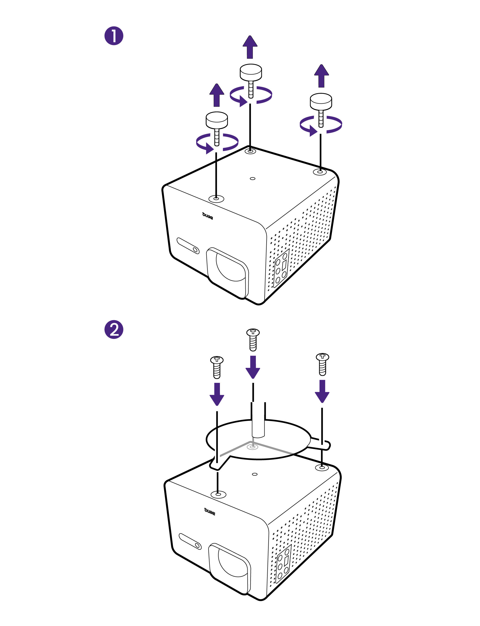 Release the adjsutable feet on the bottom ot the projector to access the ceiling mount screw holes. Install the projector onto a ceiling mount.
