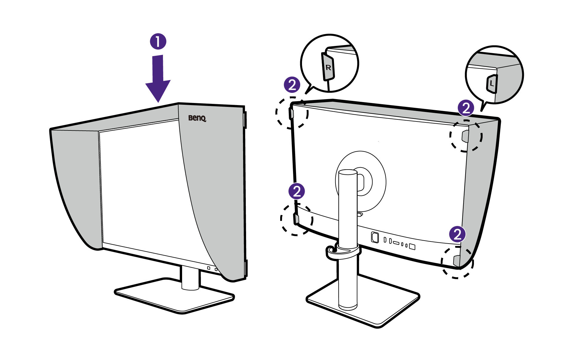 Place the shading hood on top of the monitor. Make sure it is properly attached.