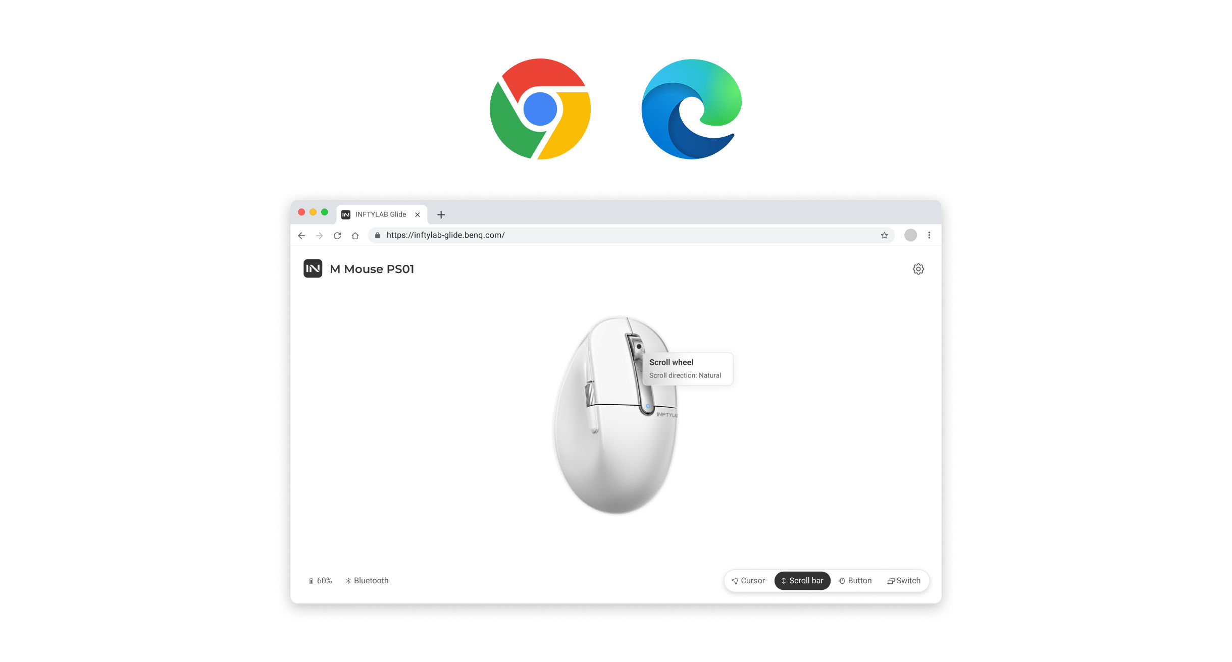 INFTYLAB Glide web app running in Chrome and Edge to configure M Mouse settings without installing desktop software.
