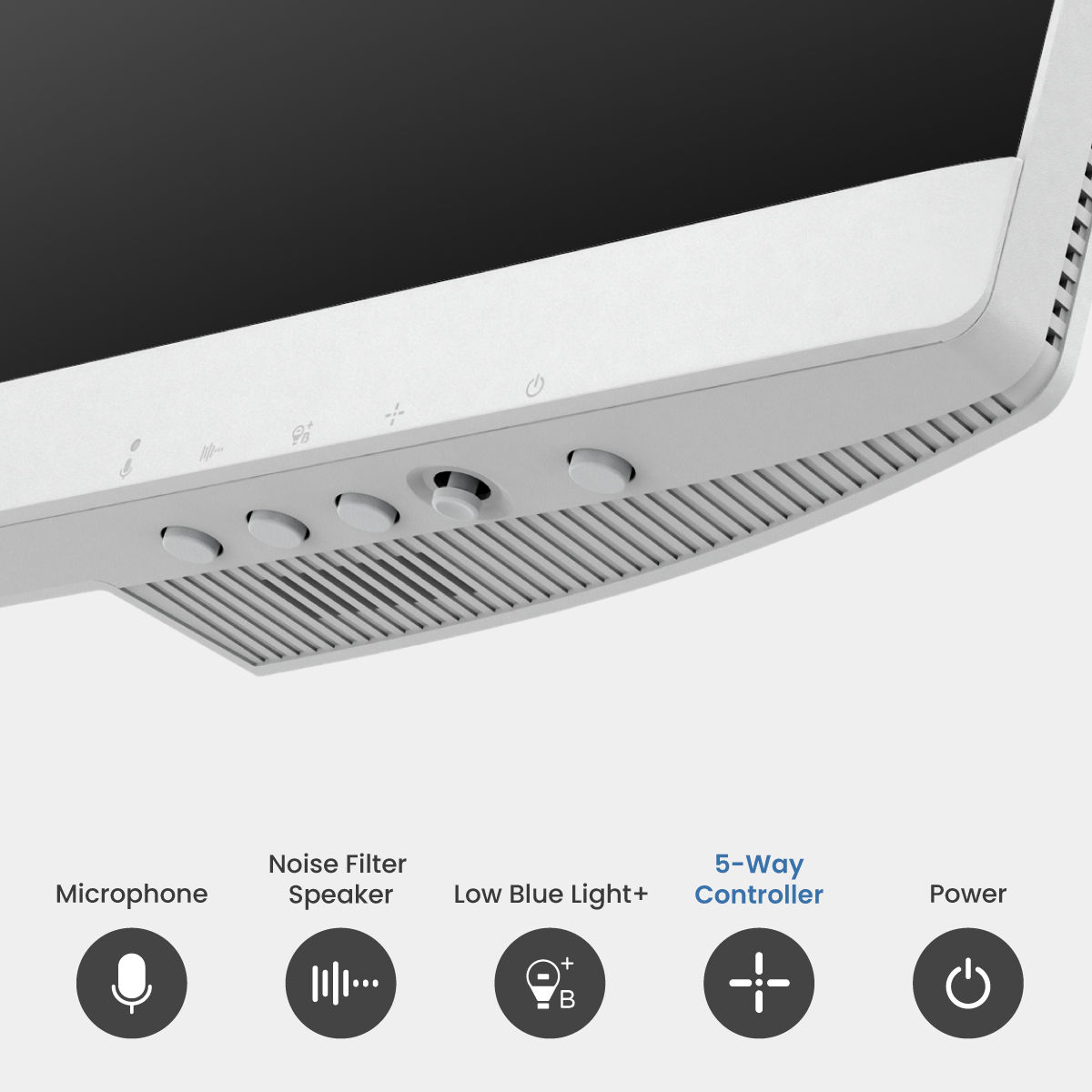 BenQ GW2790QT 5-Way Controller and conveniently-placed buttons for switching between microphone, speaker, and Eye-Care.