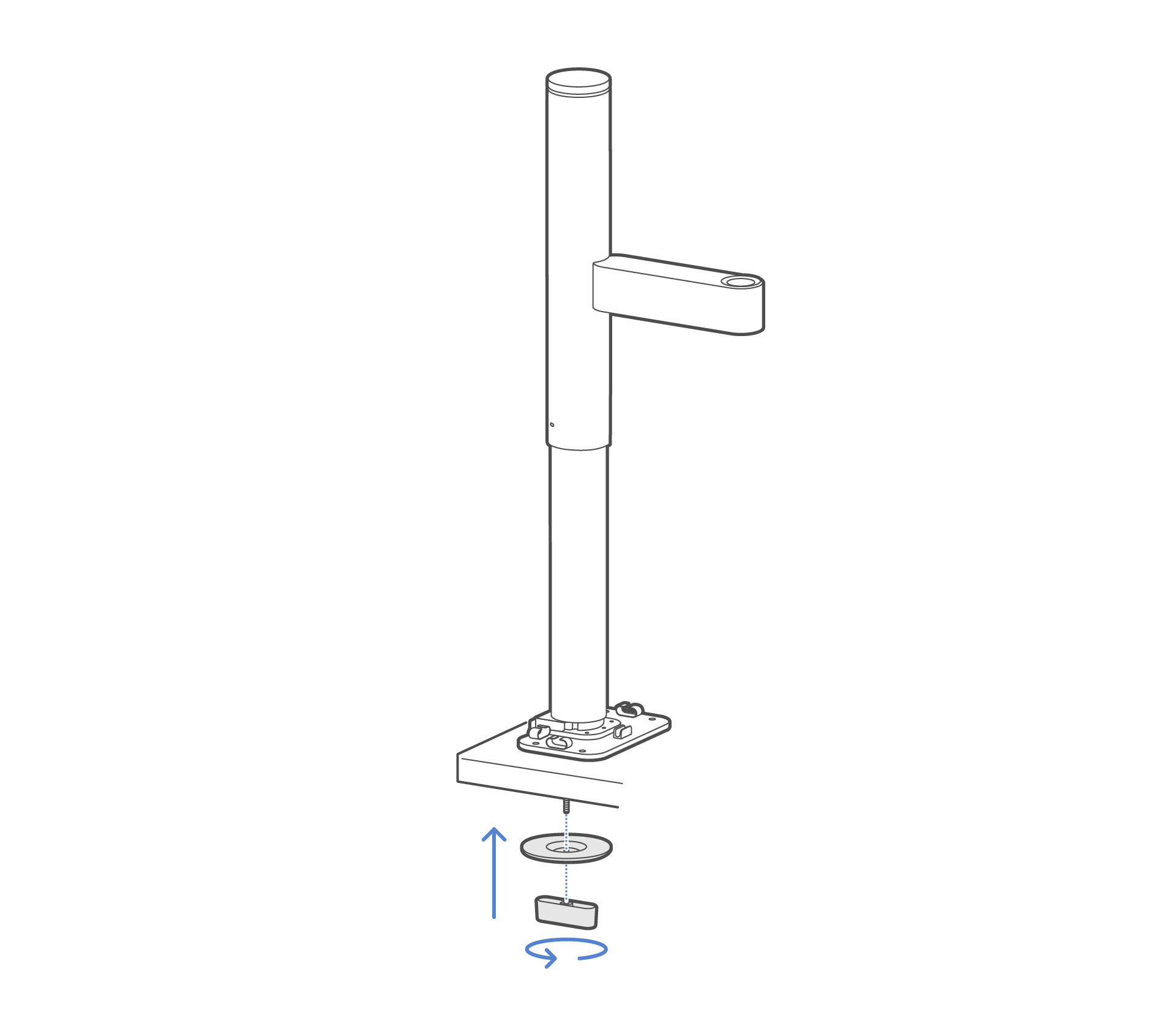 Thread the bottom plate and mounting knob from underneath, then turn counterclockwise to lock.