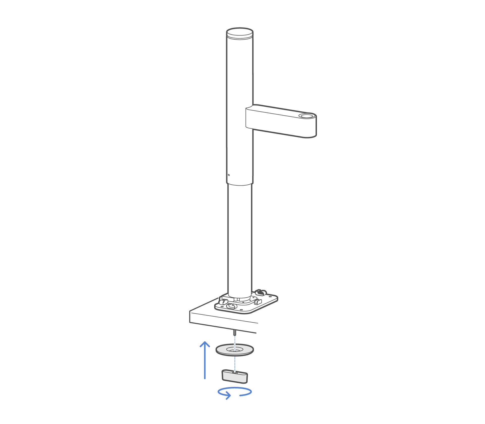 Thread the bottom plate and mounting knob from underneath, then turn counterclockwise to lock.