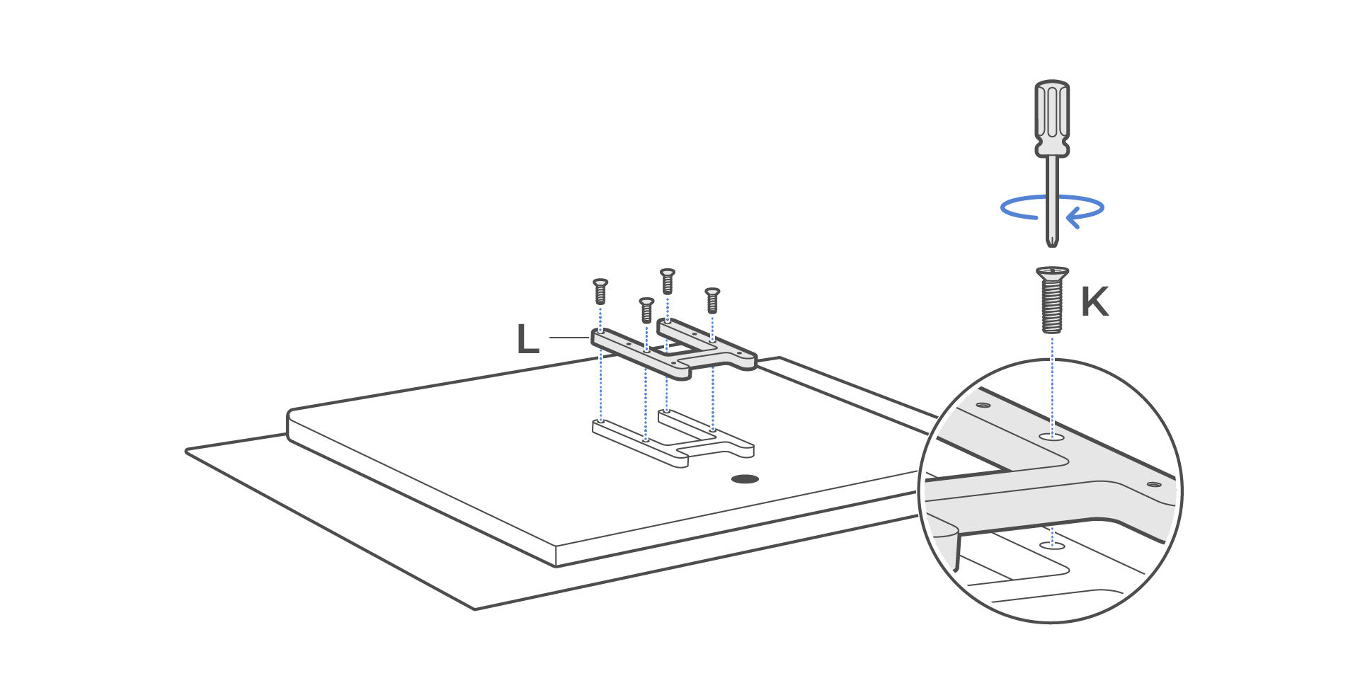 Align the H-shaped VESA bracket (L) with the mounting holes on the back of the display, then secure it with the long VESA bracket screws (K) using a Phillips screwdriver.