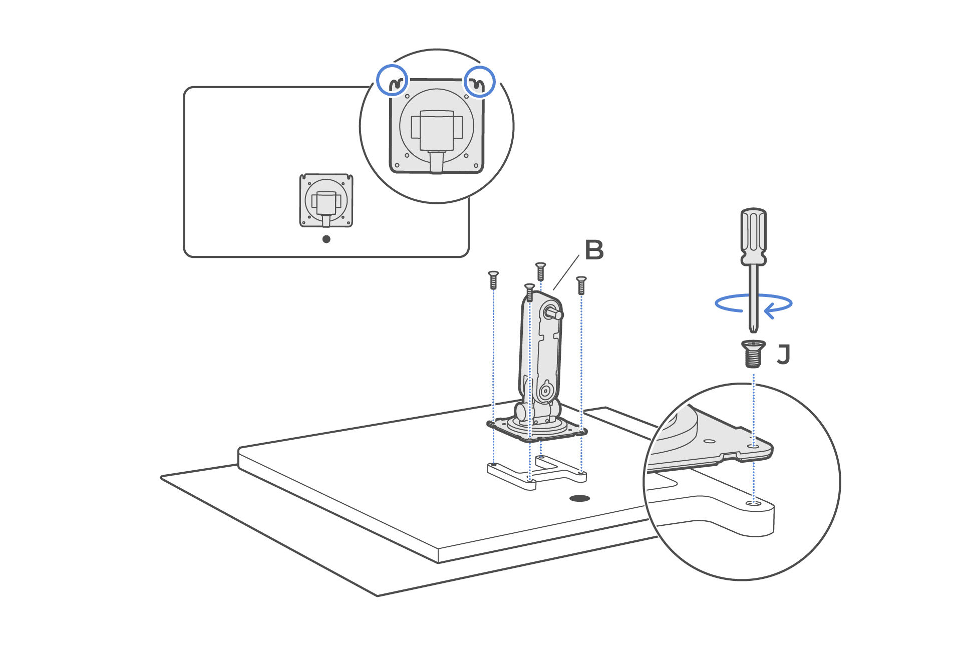 Align the upper arm (B) with the bracket, keeping the notches at the top. Secure it with the VESA bracket screws (J).