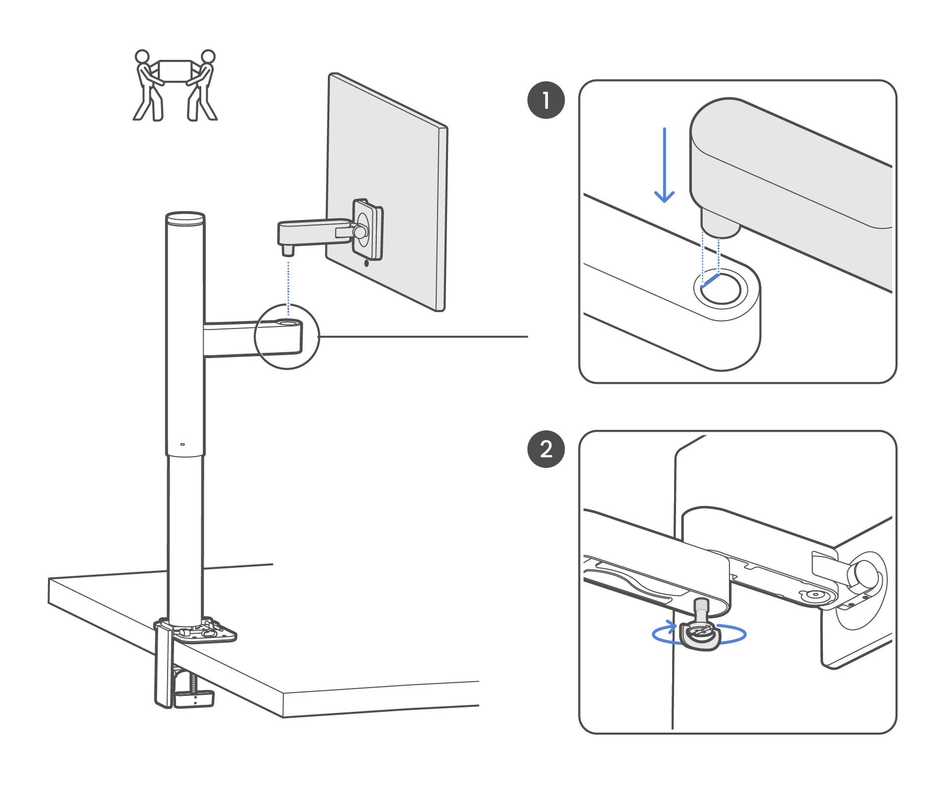 Lift the display to align and insert the upper arm pin straight down into the lower arm socket, then tighten the thumbscrew underneath to lock it securely.