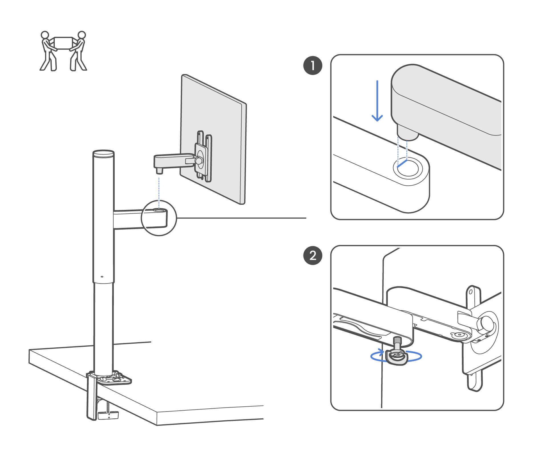 Lift the display to align and insert the upper arm pin straight down into the lower arm socket, then tighten the thumbscrew underneath to lock it securely.