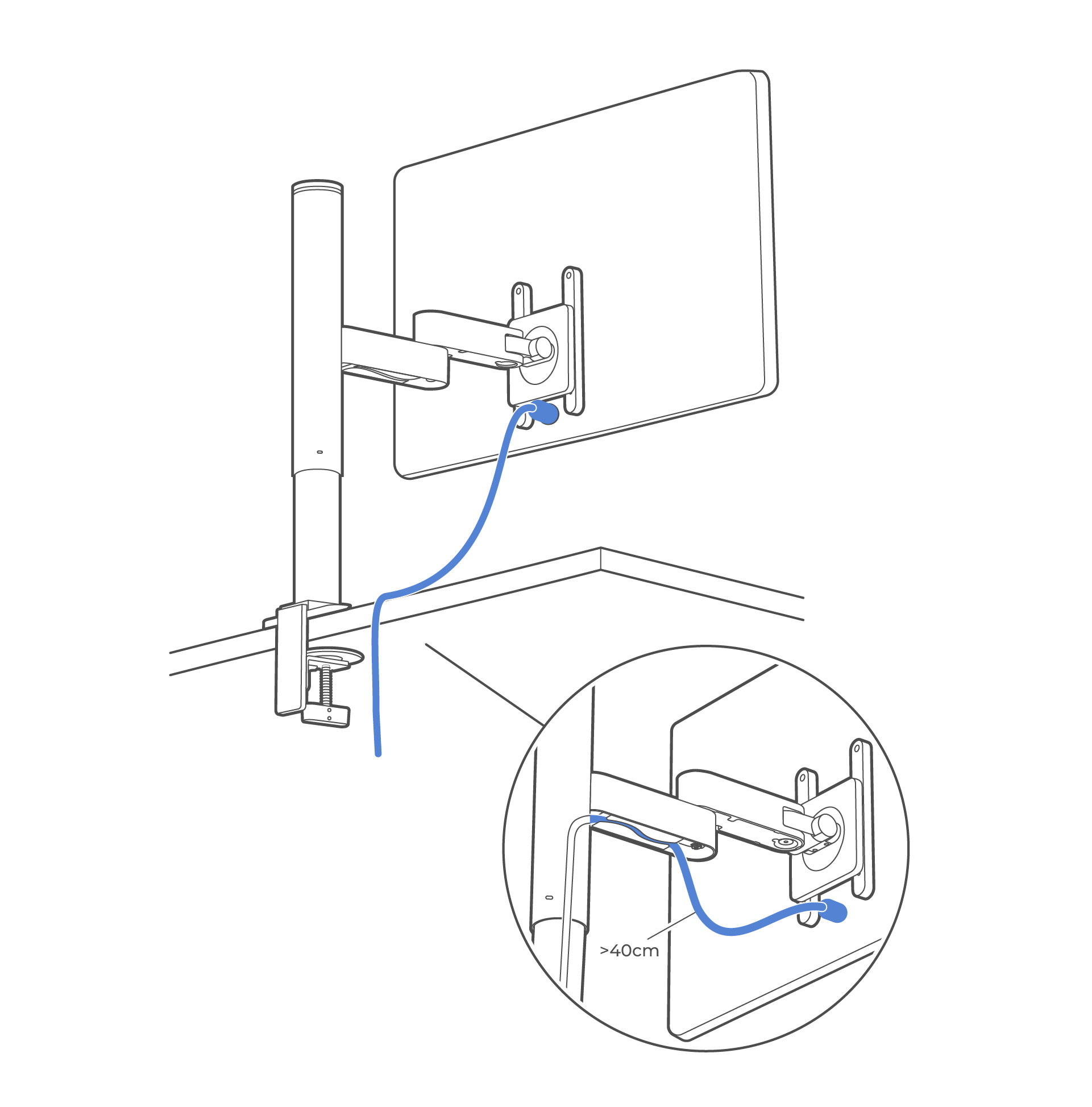 Route the display cables through the cable channel under the arm and down along the pole.