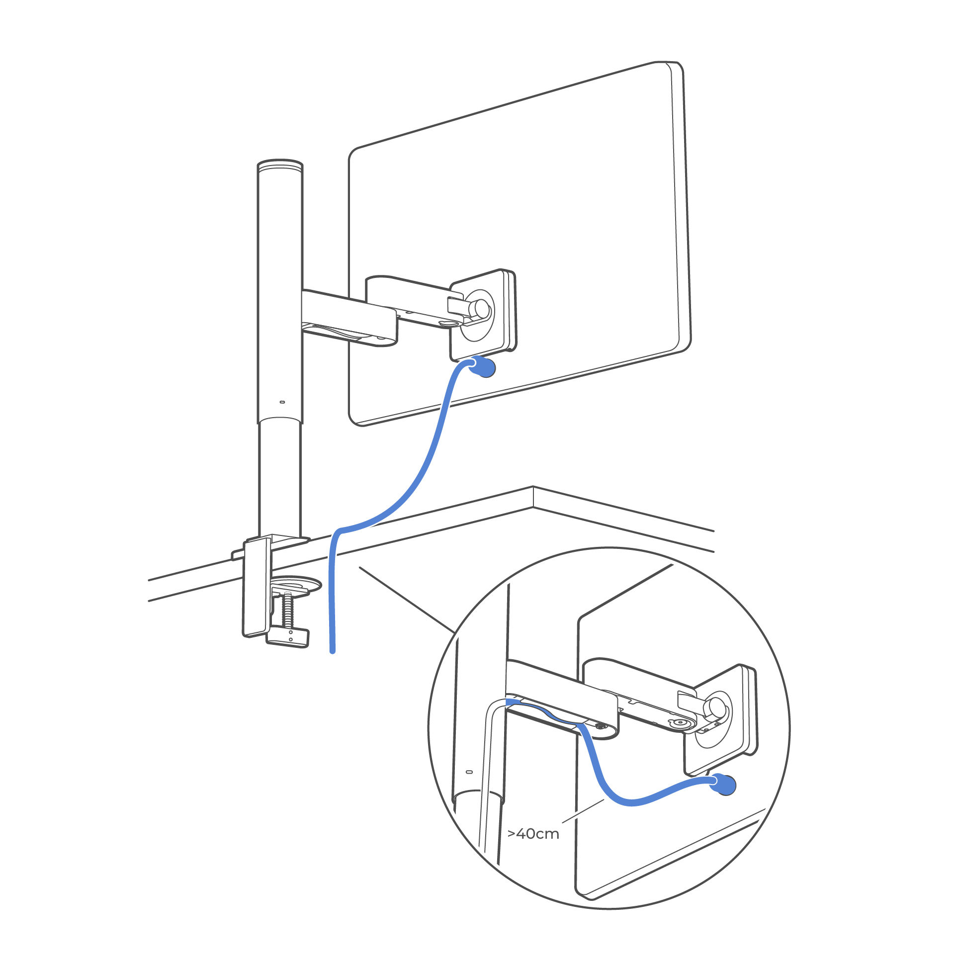 Route the display cables through the cable channel under the arm and down along the pole.