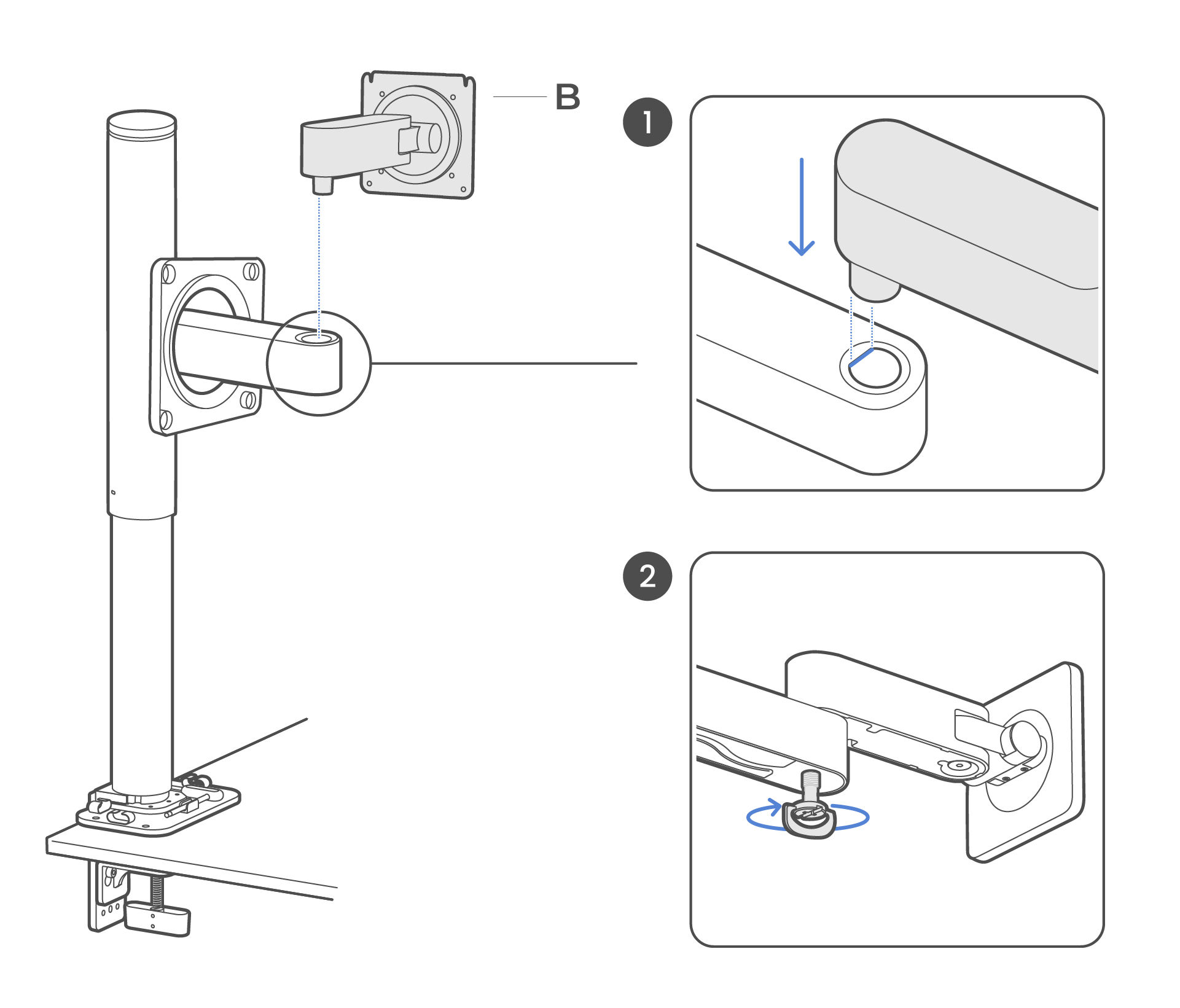 Lower the upper arm pin into the lower arm socket, then tighten the thumbscrew underneath to lock it.