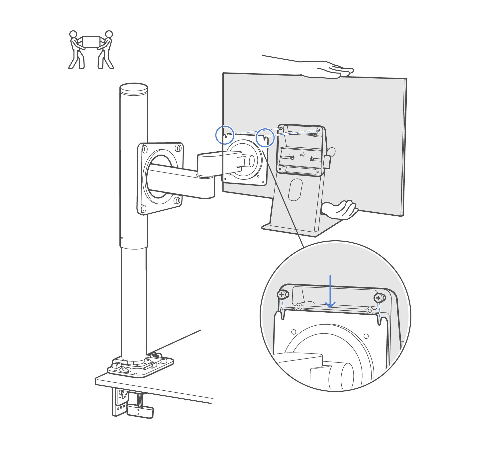 Align the pre-installed screws at the top of the VESA adapter with the slots on the upper arm, then hook the display onto the mount.