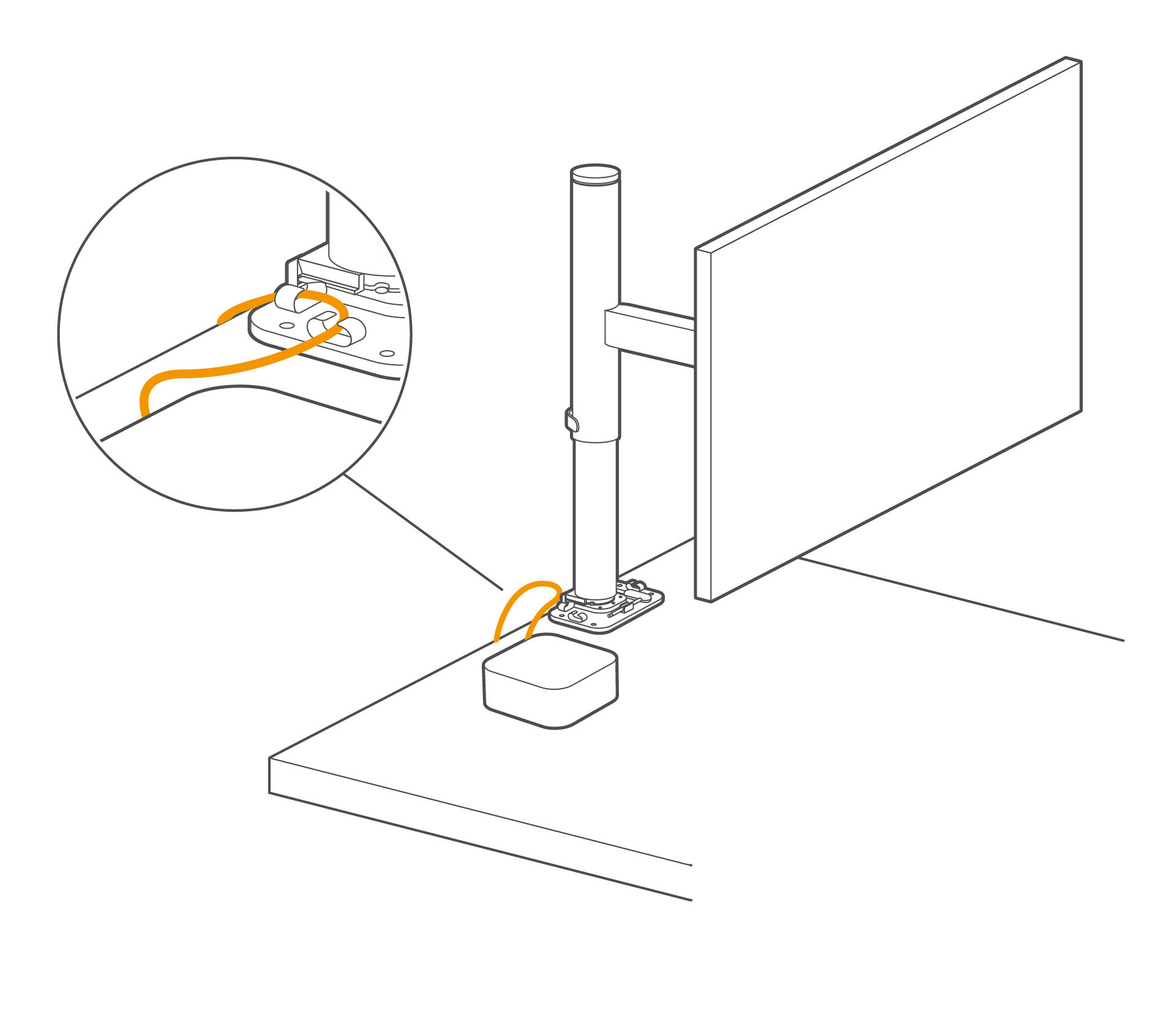 Route cables from your devices through the metal guide on the mount base.