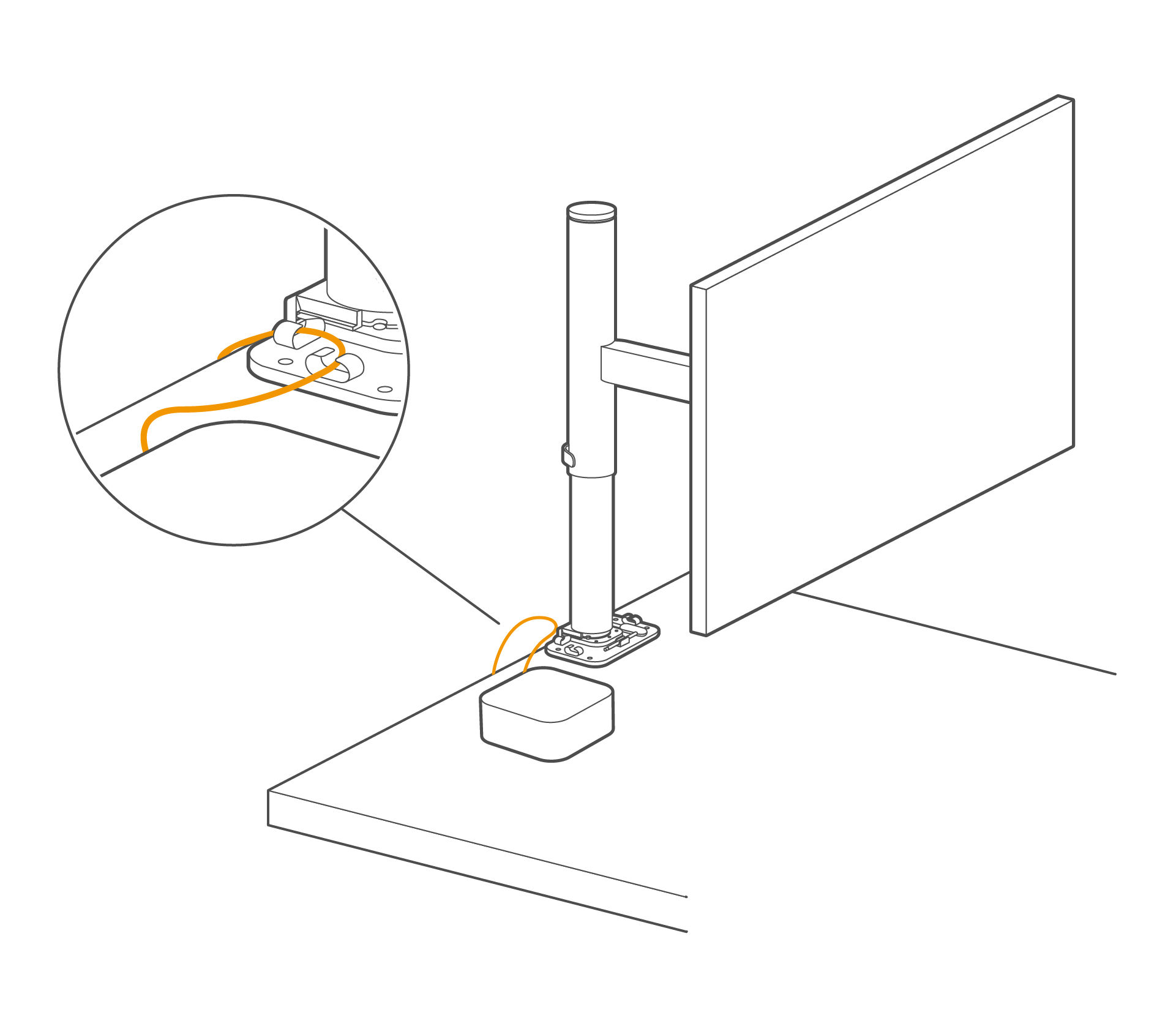 Route cables from your devices through the metal guide on the mount base.